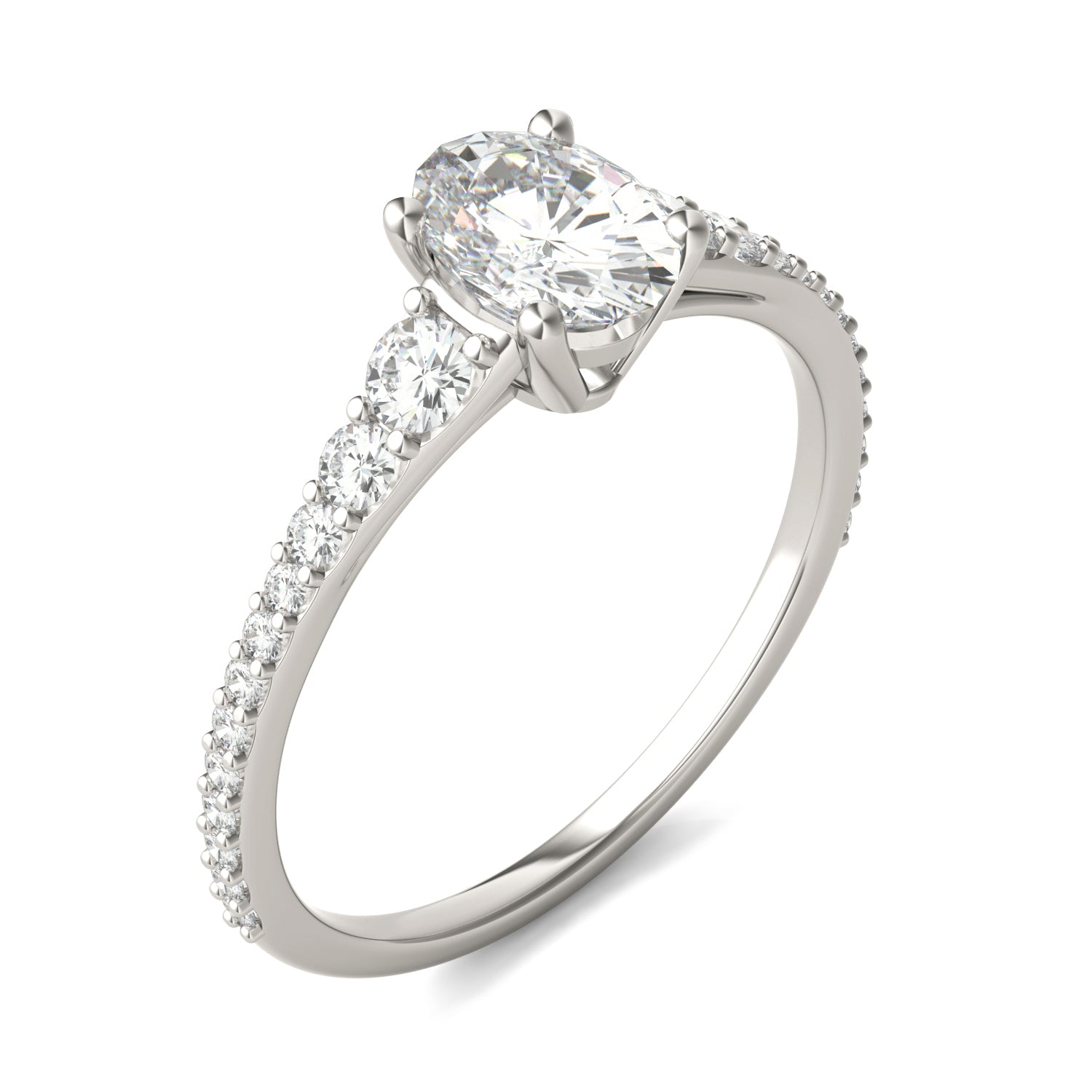 1.29 CTW DEW Oval Moissanite Graduated Side-Stone Engagement Ring in 14K White Gold