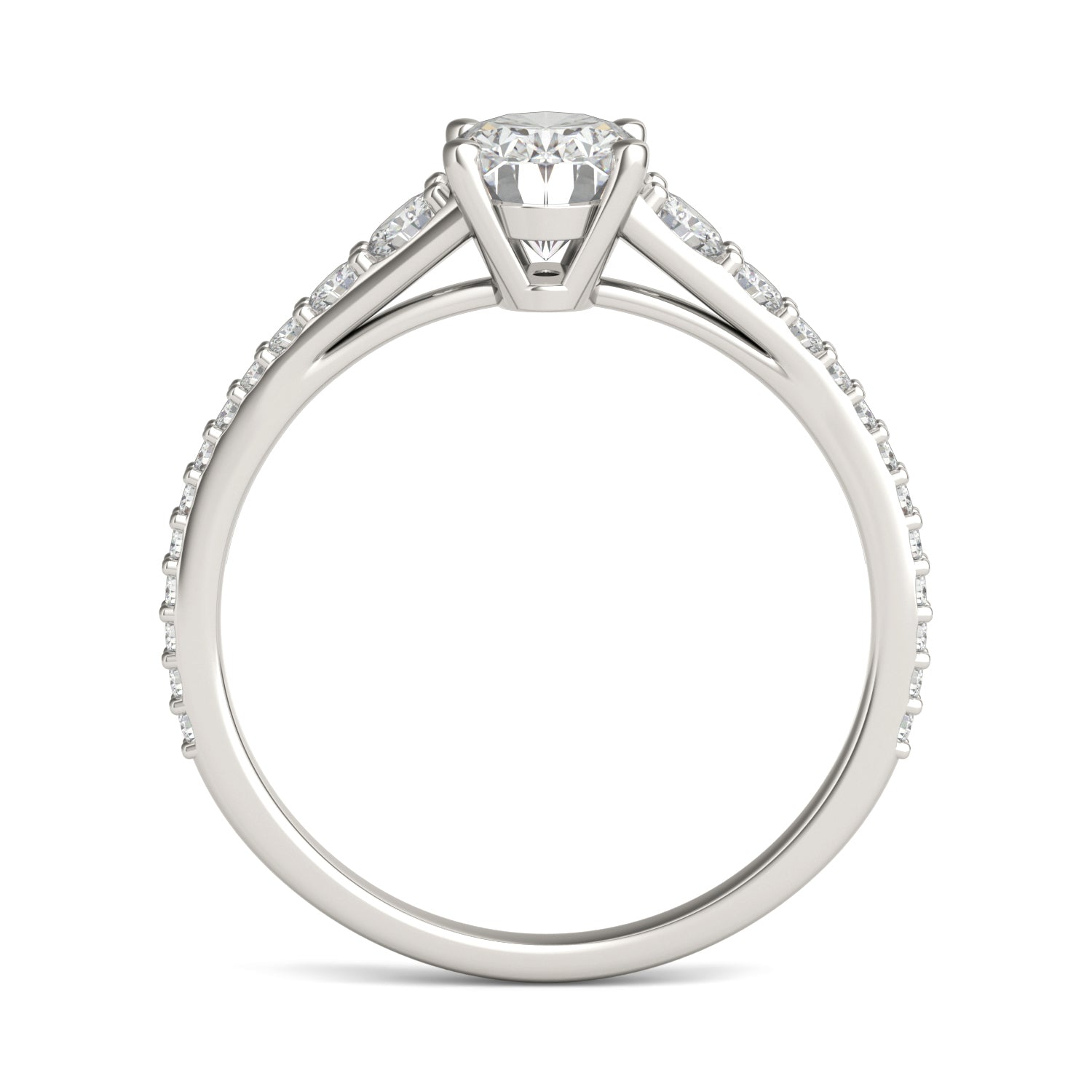 1.29 CTW DEW Oval Moissanite Graduated Side-Stone Engagement Ring in 14K White Gold