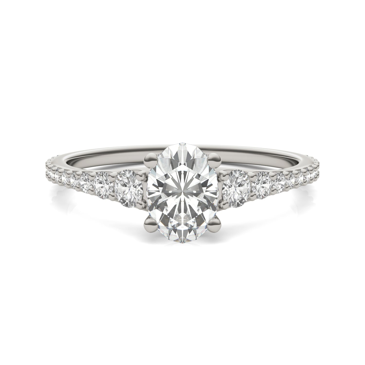 1.29 CTW DEW Oval Moissanite Graduated Side-Stone Engagement Ring in 14K White Gold