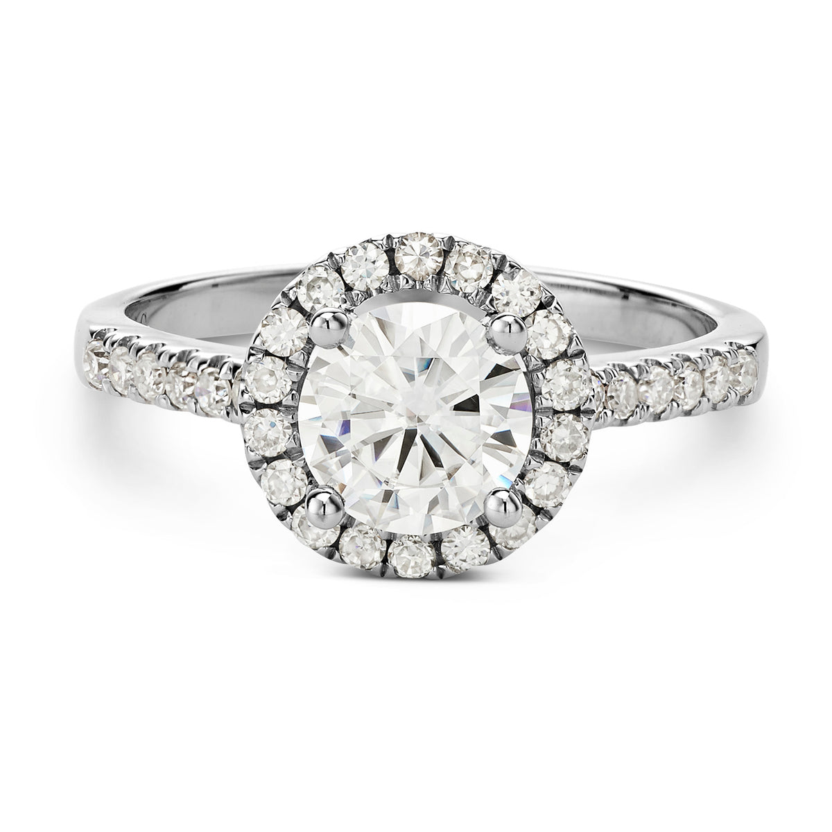 1.30 CTW DEW Round Moissanite Halo Ring in 14K White Gold