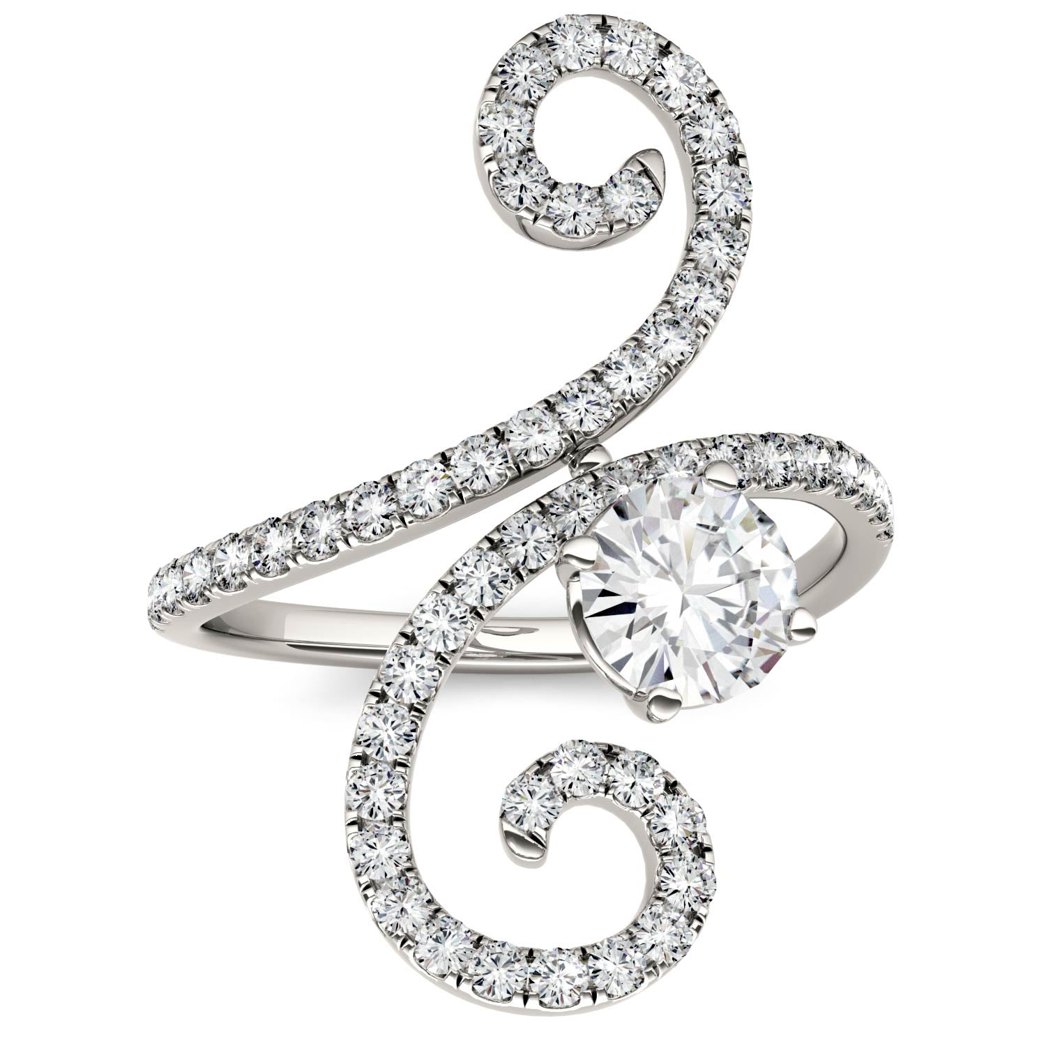 1.34 CTW DEW Round Moissanite Swirl Statement Ring in 14K White Gold
