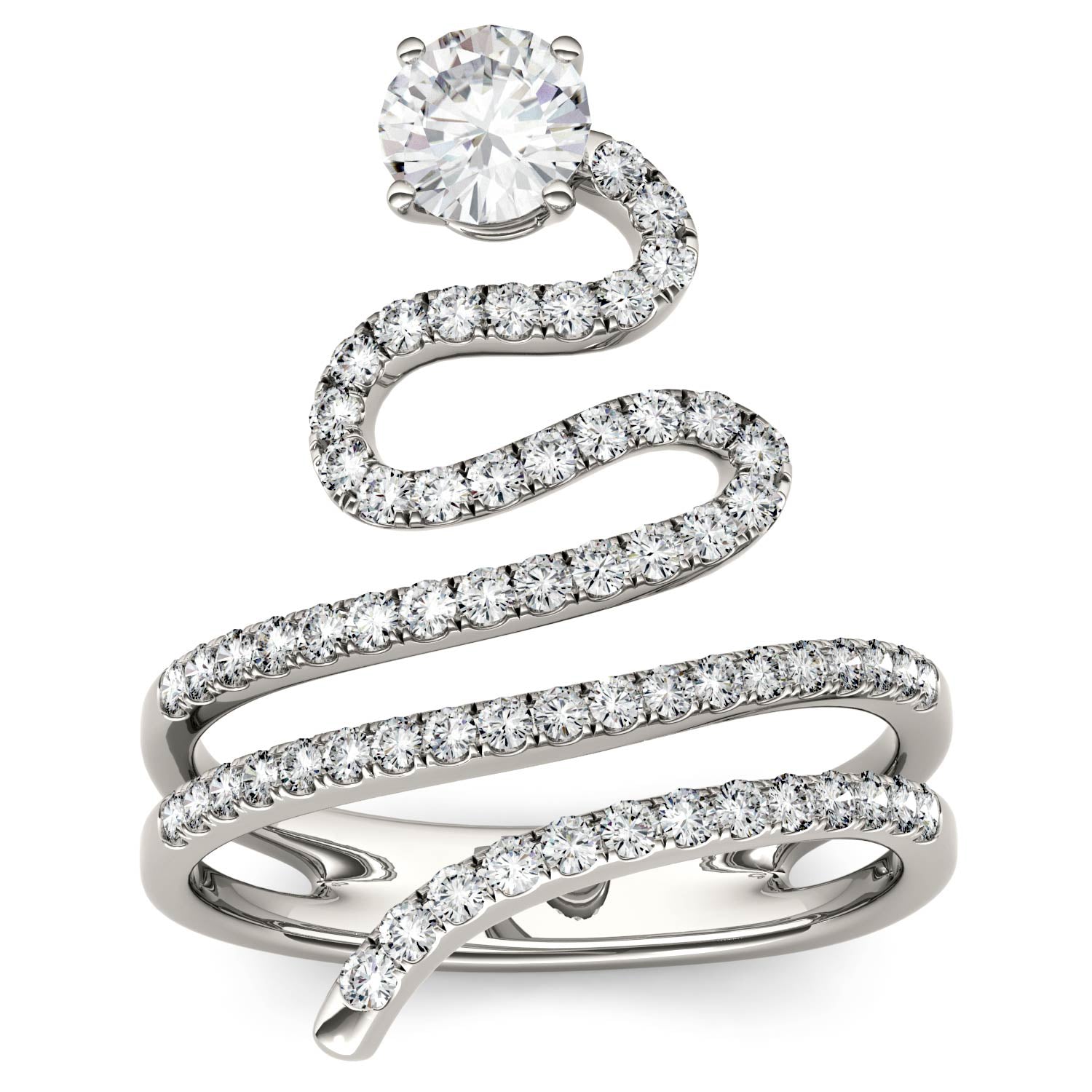1.14 CTW DEW Round Moissanite Swirl Statement Ring in 14K White Gold