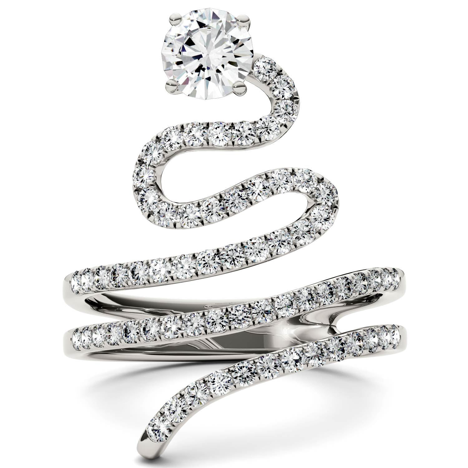 1.14 CTW DEW Round Moissanite Swirl Statement Ring in 14K White Gold