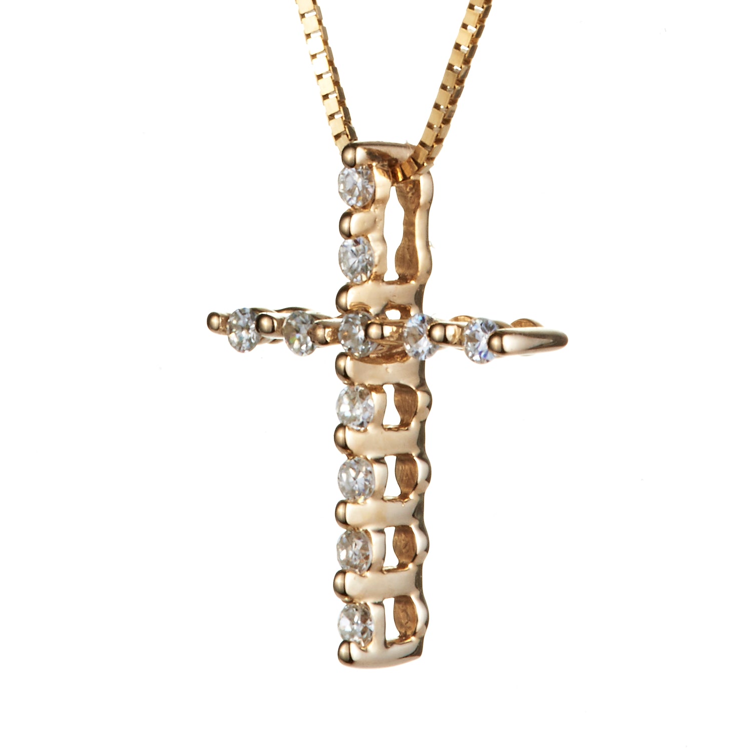 0.11 CTW DEW Round Moissanite Single Prong Cross Pendant in 14K Yellow Gold