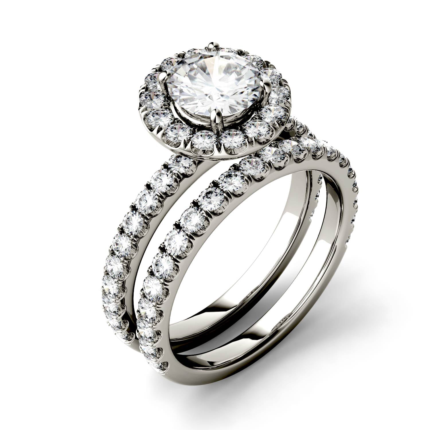 2.02 CTW DEW Round Moissanite Halo with Side Accents Bridal Set in 14K White Gold