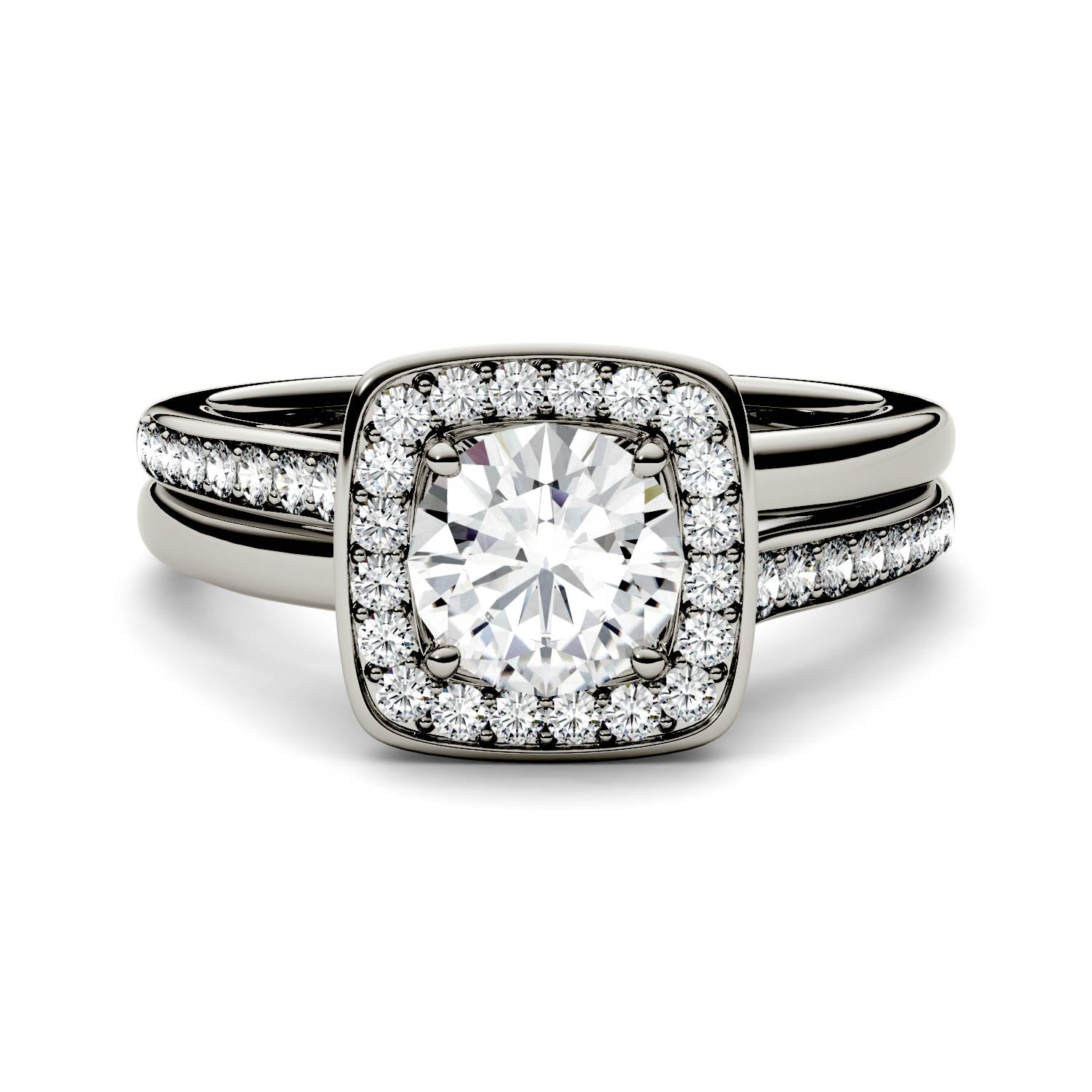1.28 CTW DEW Round Moissanite Channel Set Halo with Side Accents Engagement Ring in 14K White Gold