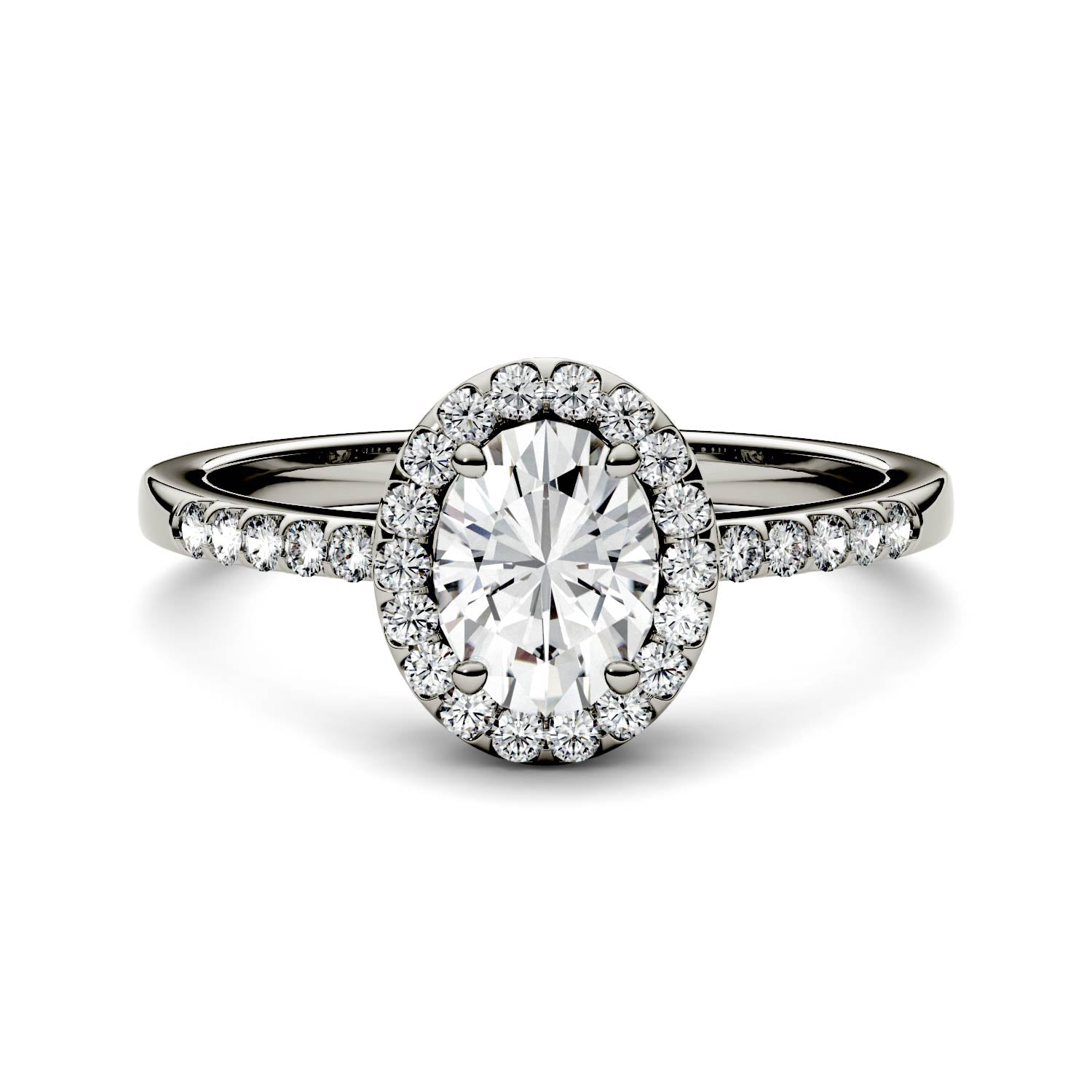 1.74 CTW DEW Oval Moissanite Halo with Side Accents Engagement Ring in 14K White Gold