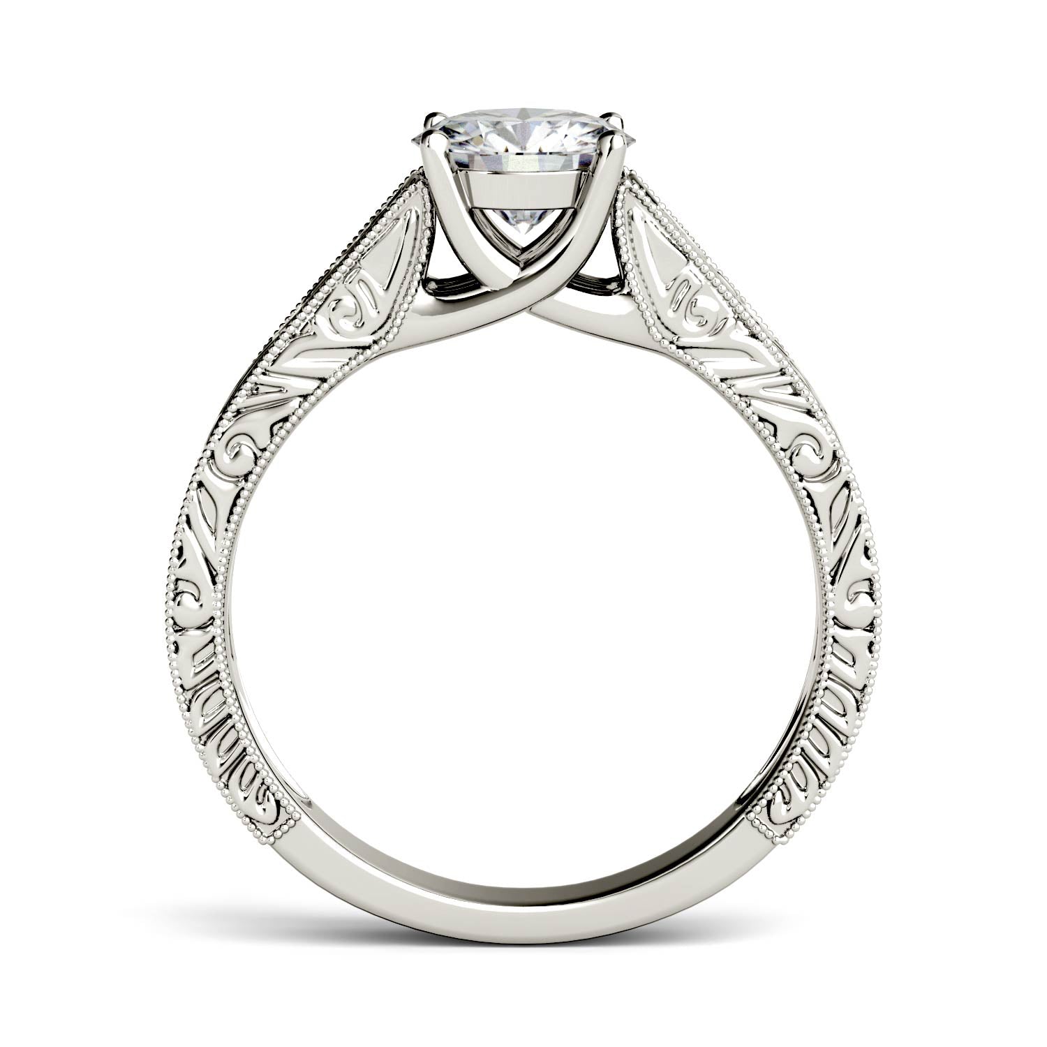 1.00 CTW DEW Round Moissanite Solitaire with Carved Band Engagement Ring in 14K White Gold