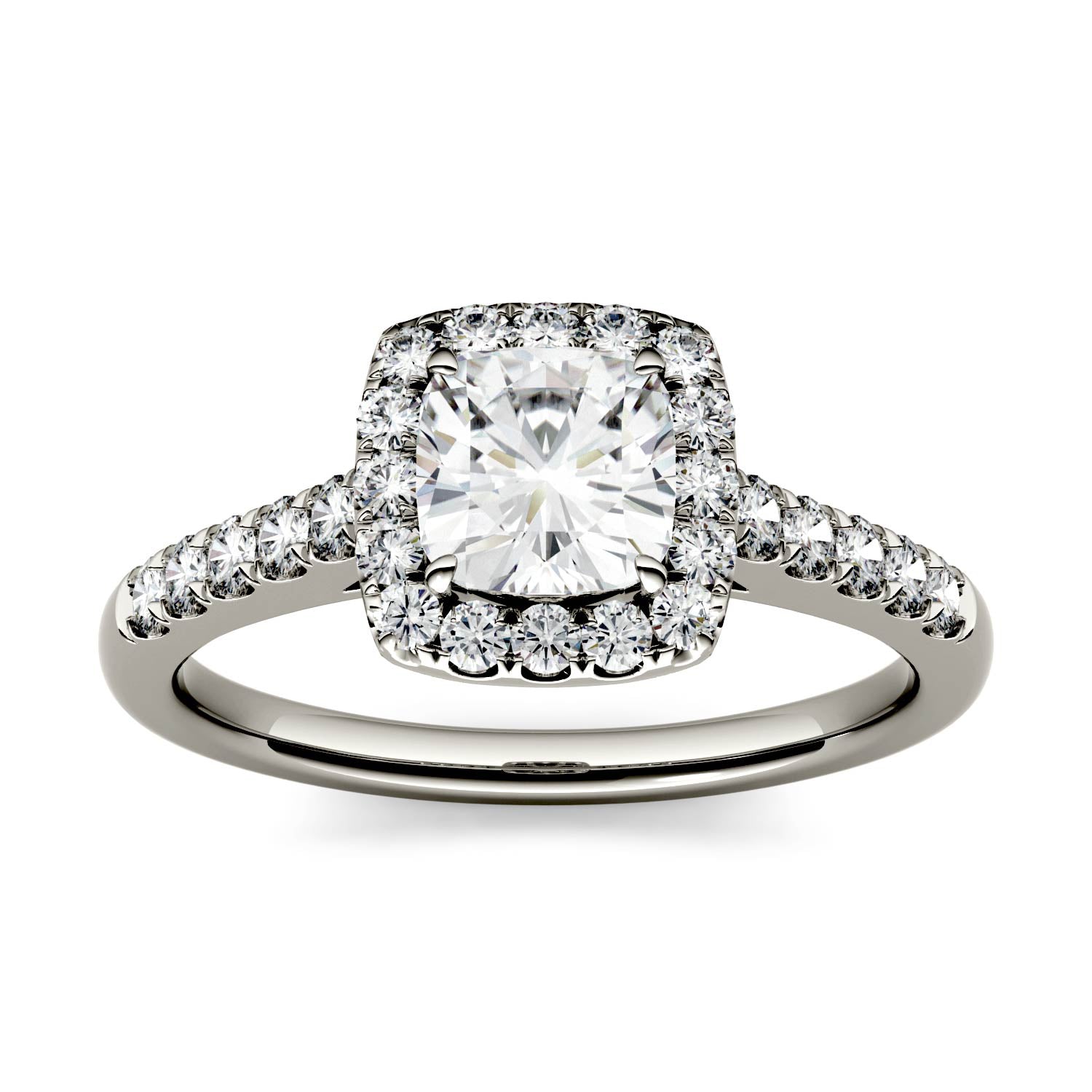 1.66 CTW DEW Cushion Moissanite Halo with Side Accents Engagement Ring in 14K White Gold