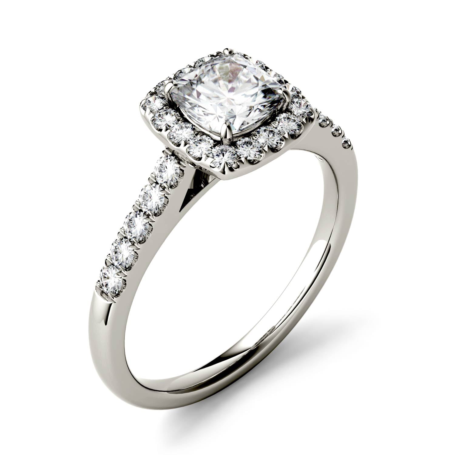 1.66 CTW DEW Cushion Moissanite Halo with Side Accents Engagement Ring in 14K White Gold