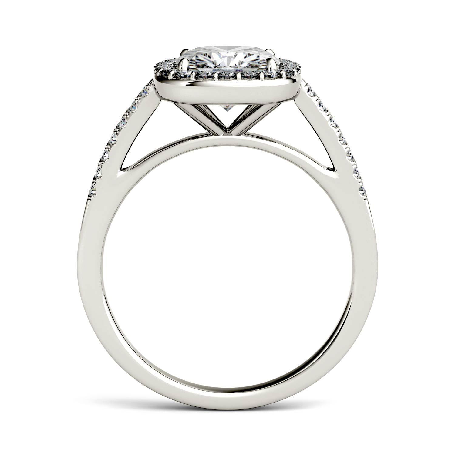 1.97 CTW DEW Cushion Moissanite Halo with Side Accents Engagement Ring in 14K White Gold
