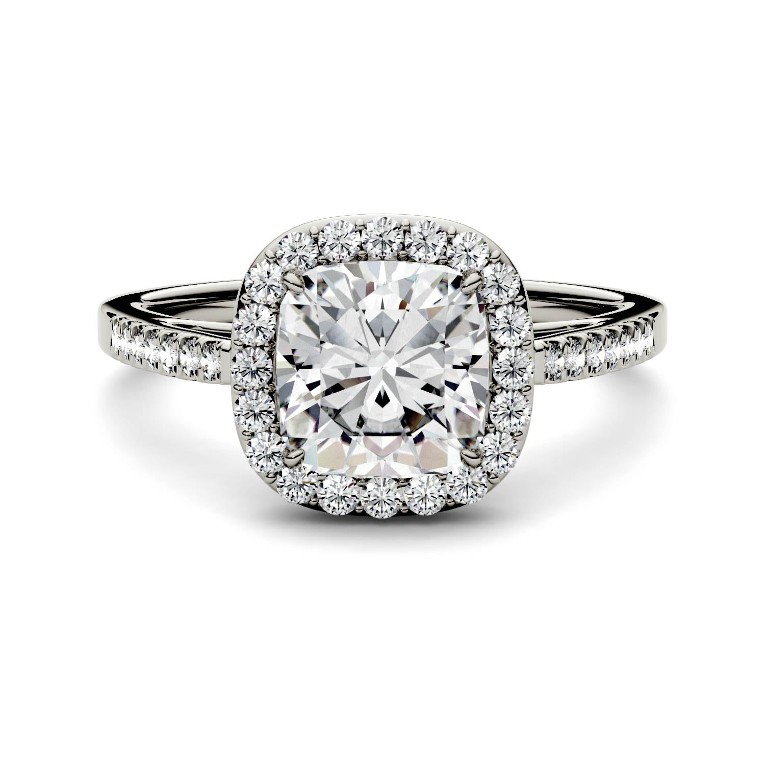 1.97 CTW DEW Cushion Moissanite Halo with Side Accents Engagement Ring in 14K White Gold