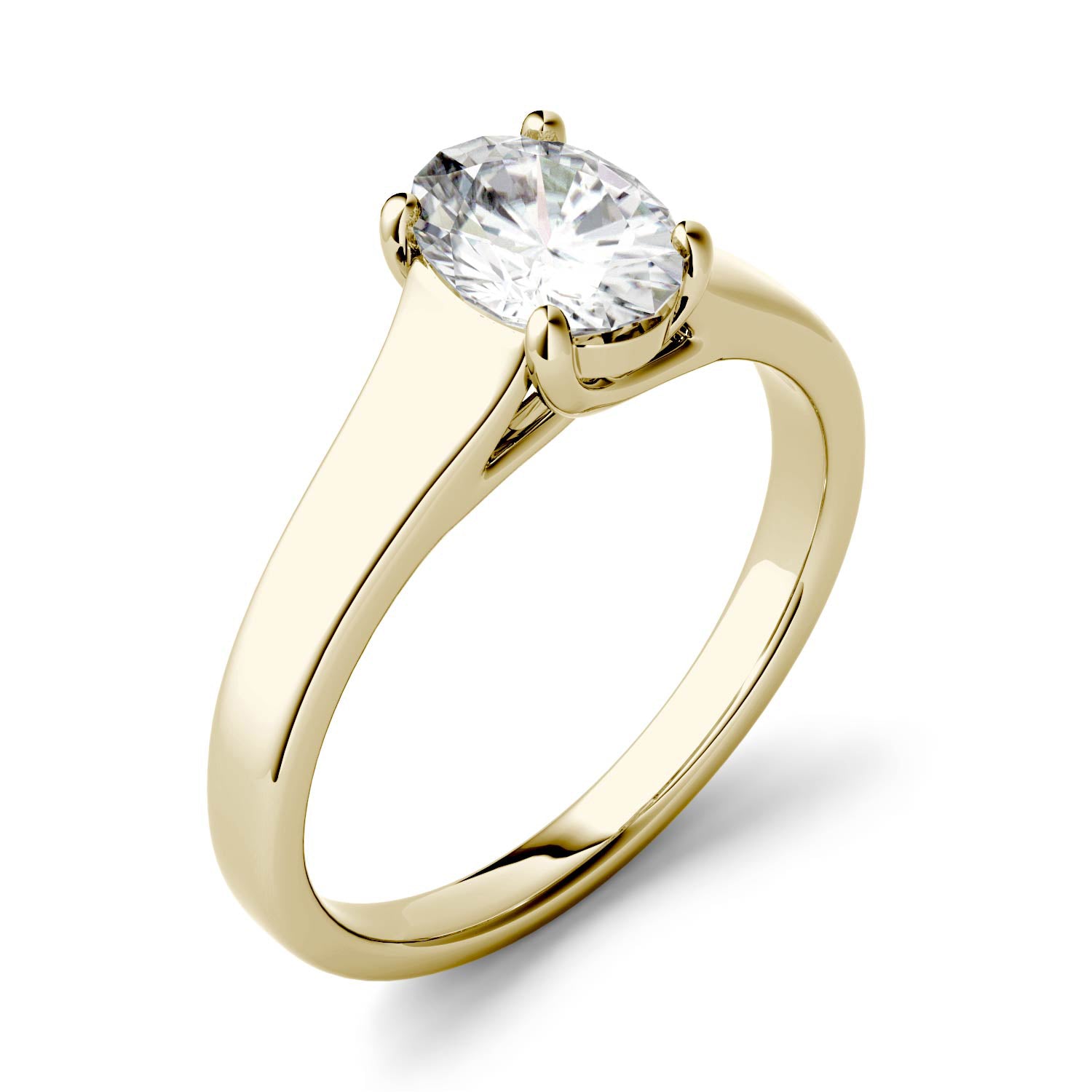 1.50 CTW DEW Oval Moissanite Trellis Solitaire Engagement Ring in 14K Yellow Gold