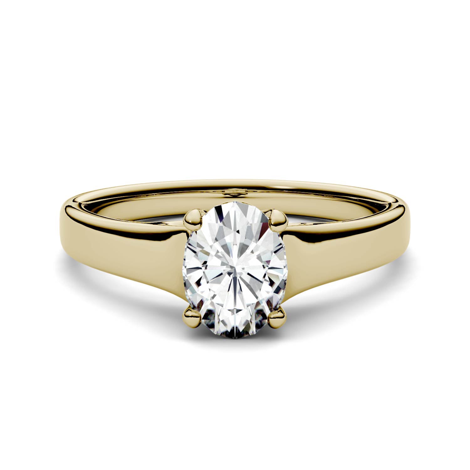 1.50 CTW DEW Oval Moissanite Trellis Solitaire Engagement Ring in 14K Yellow Gold