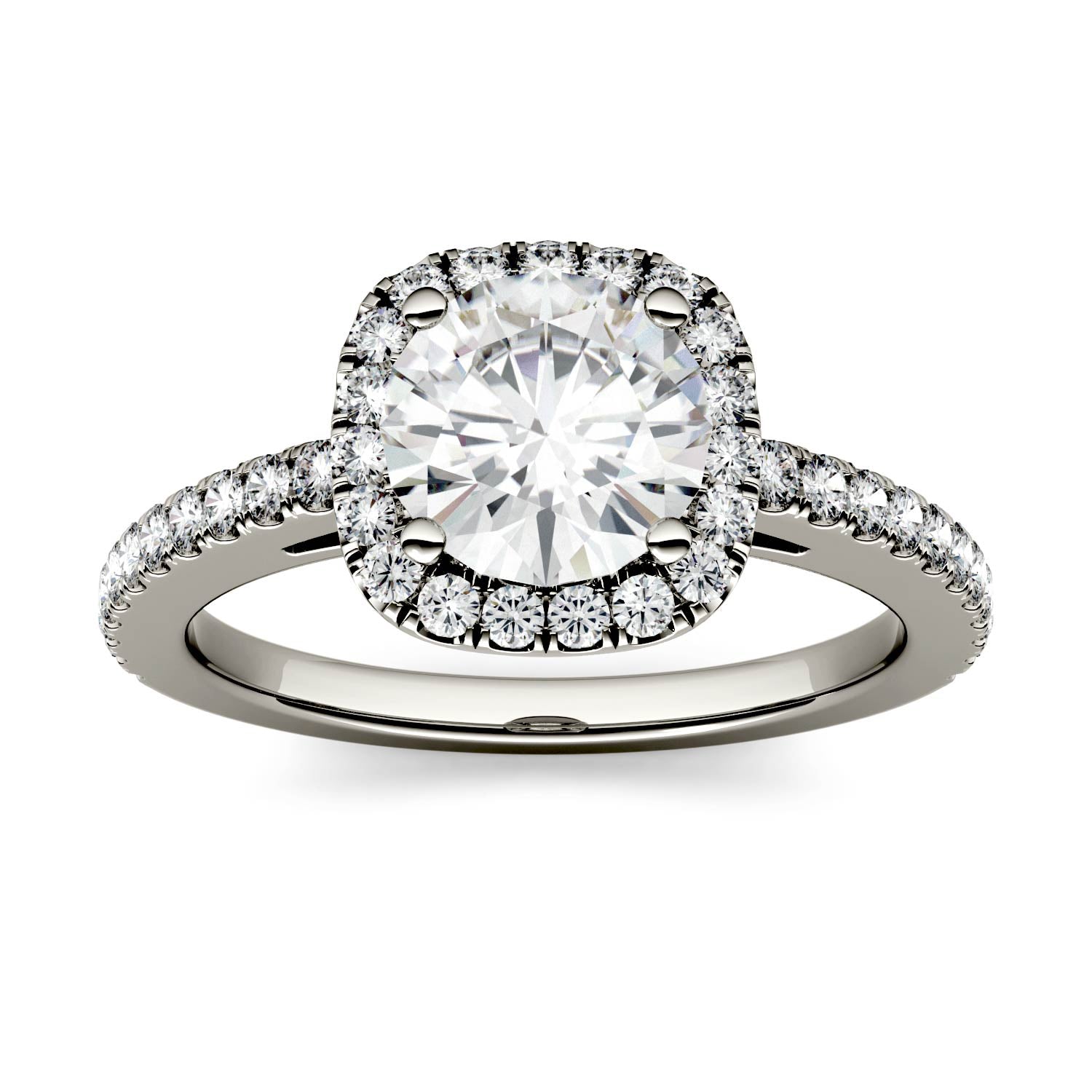 1.41 CTW DEW Round Moissanite Side-Stone Halo Engagement Ring in 14K White Gold