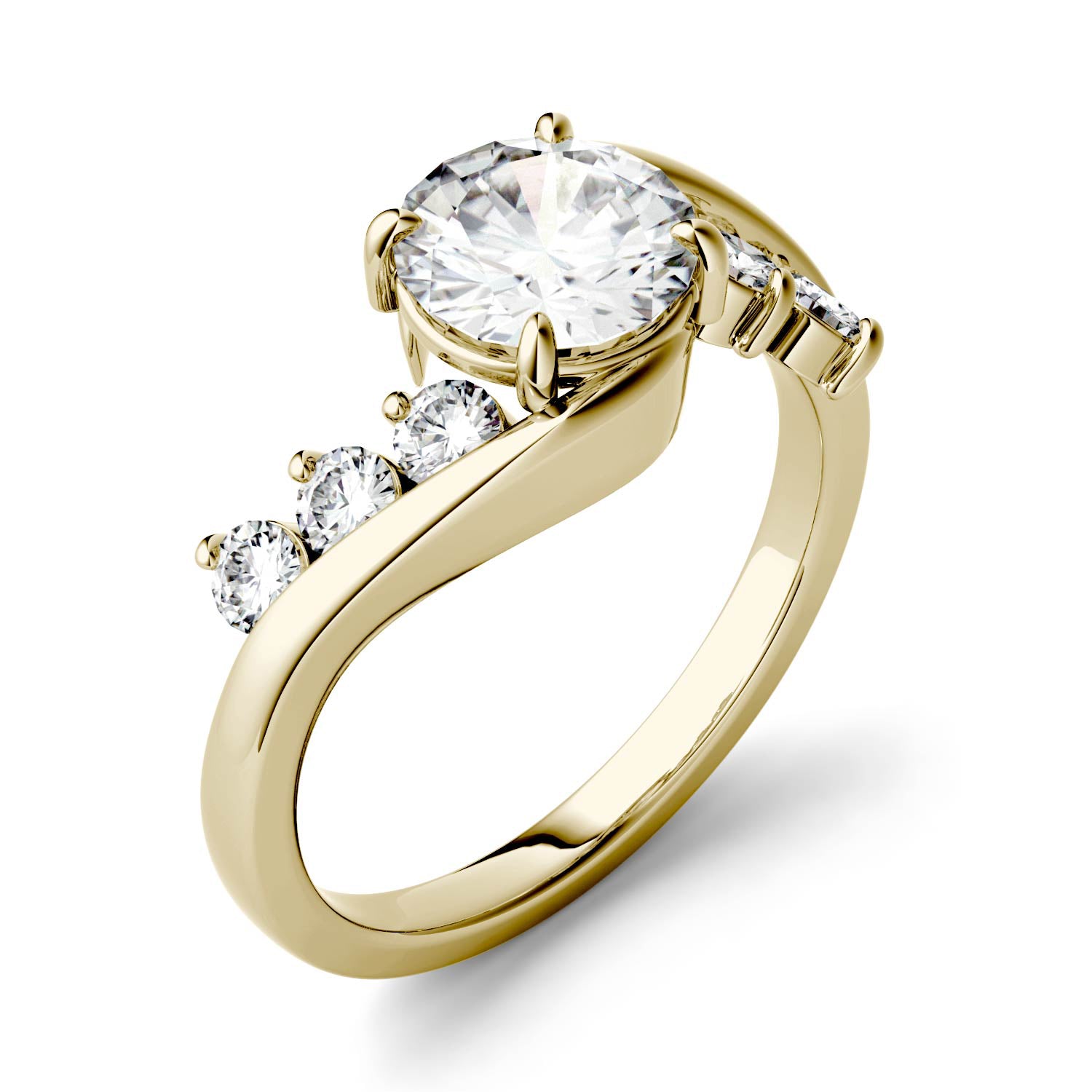 1.38 CTW DEW Round Moissanite Bypass Side-Stone Engagement Ring in 14K Yellow Gold