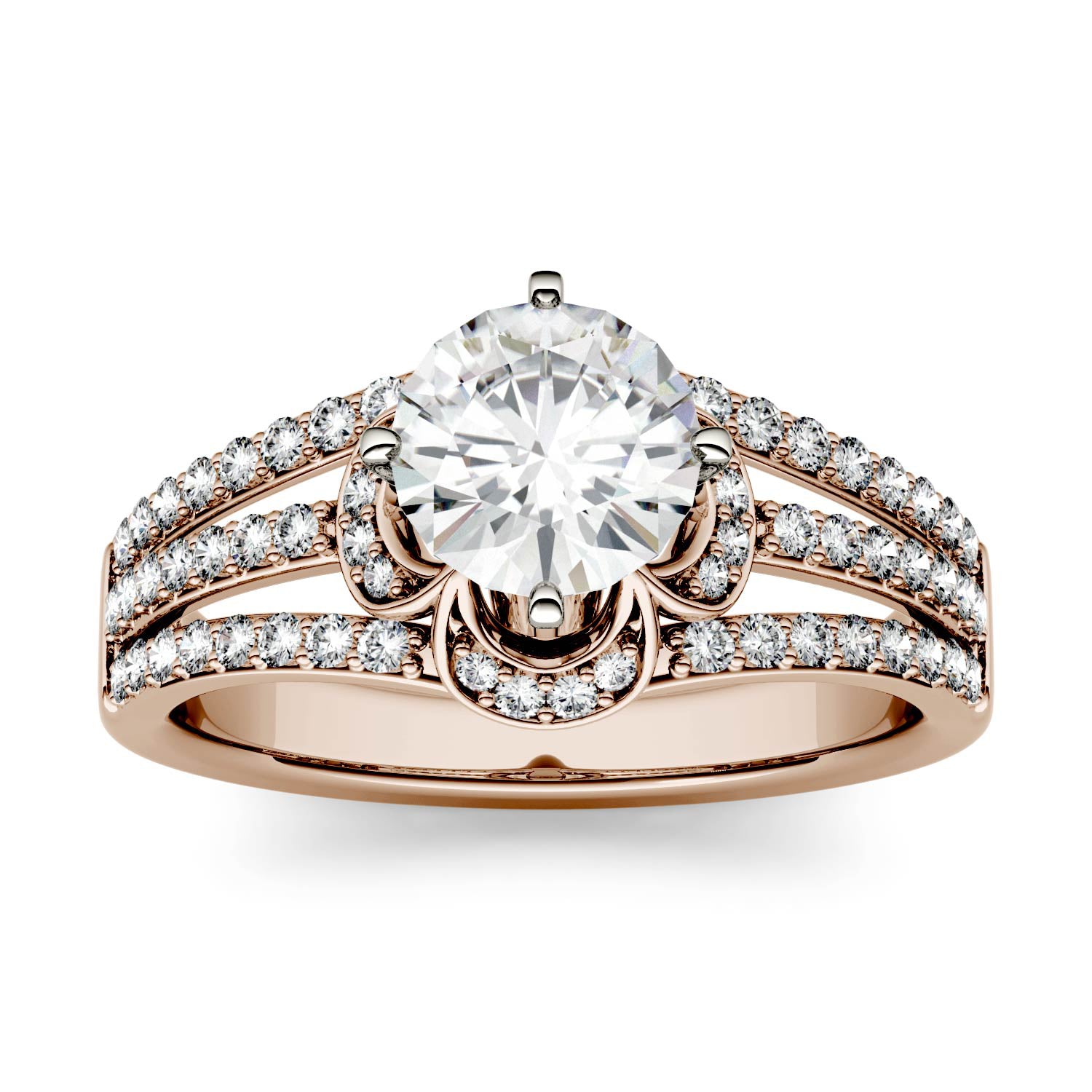 1.58 CTW DEW Round Moissanite Split Shank Floral Solitaire with Side Accents Engagement Ring in 14K Rose Gold