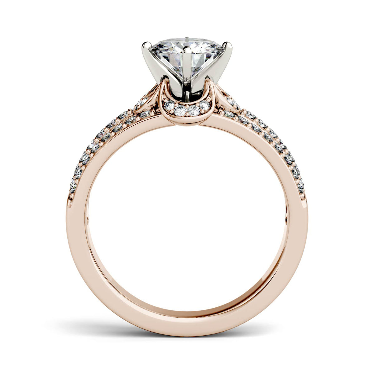 1.58 CTW DEW Round Moissanite Split Shank Floral Solitaire with Side Accents Engagement Ring in 14K Rose Gold