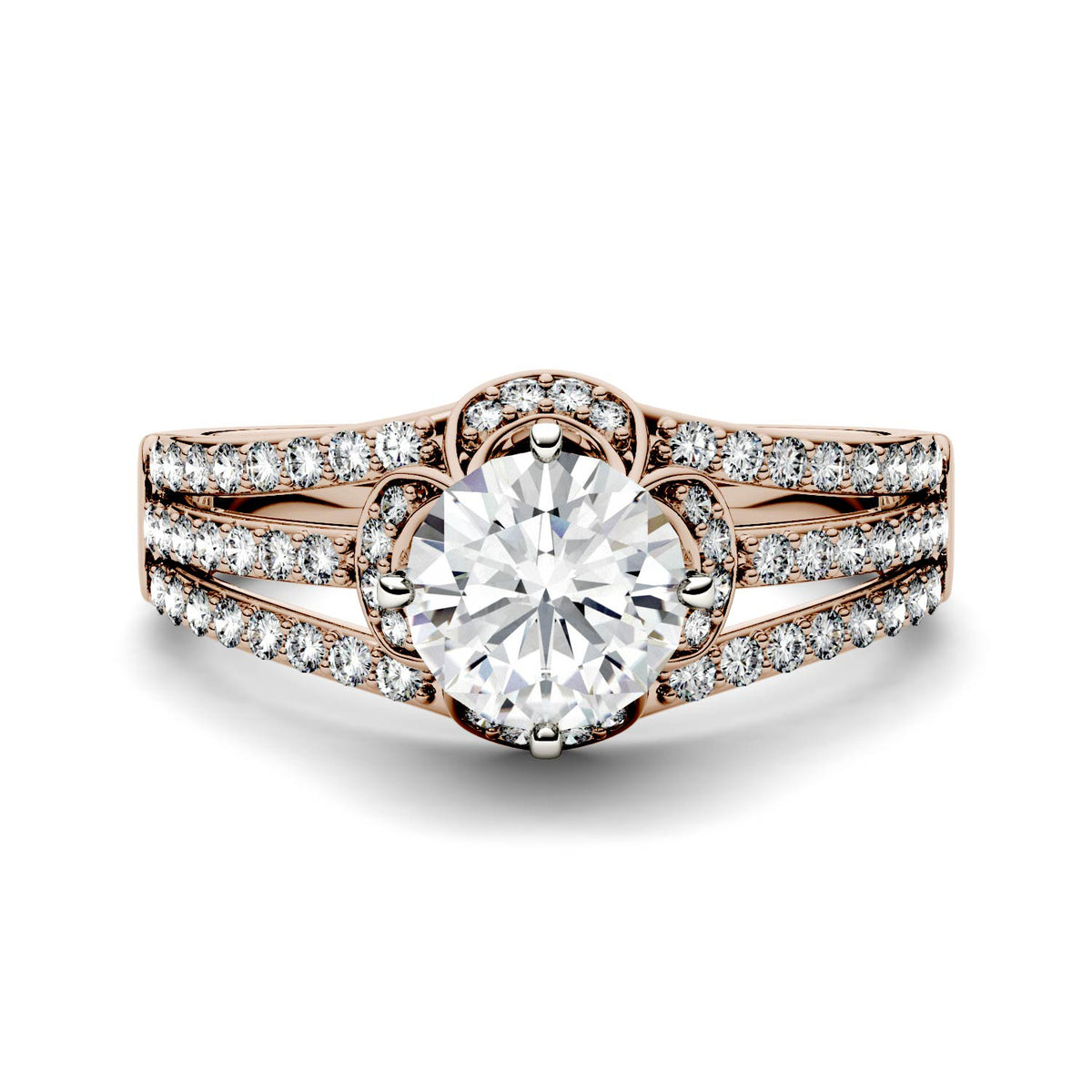 1.58 CTW DEW Round Moissanite Split Shank Floral Solitaire with Side Accents Engagement Ring in 14K Rose Gold