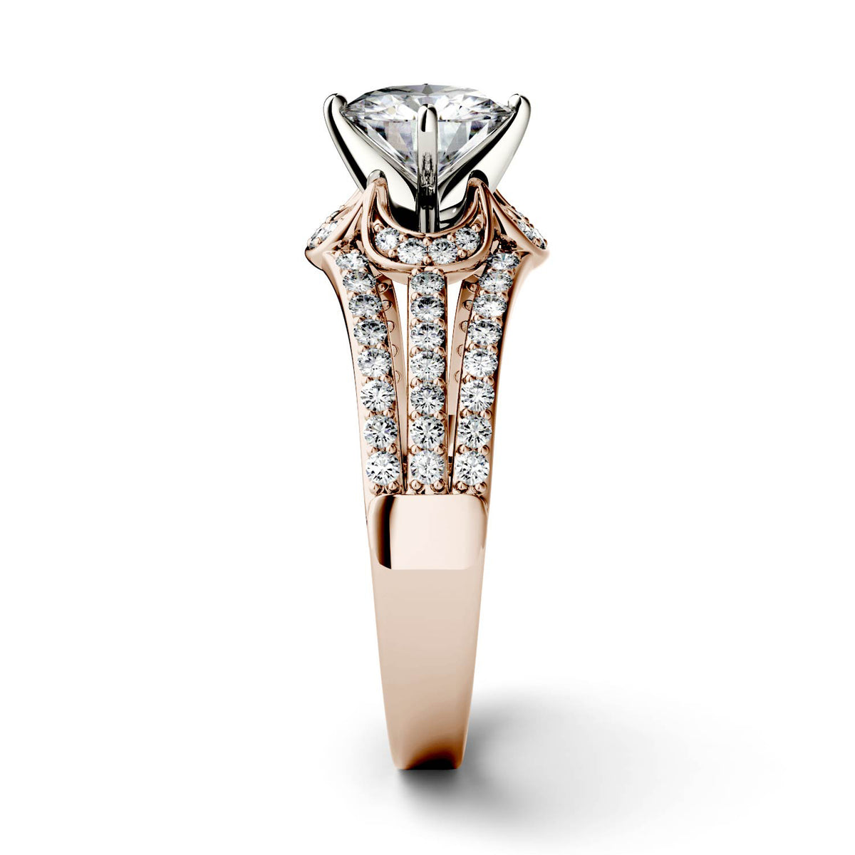 1.58 CTW DEW Round Moissanite Split Shank Floral Solitaire with Side Accents Engagement Ring in 14K Rose Gold