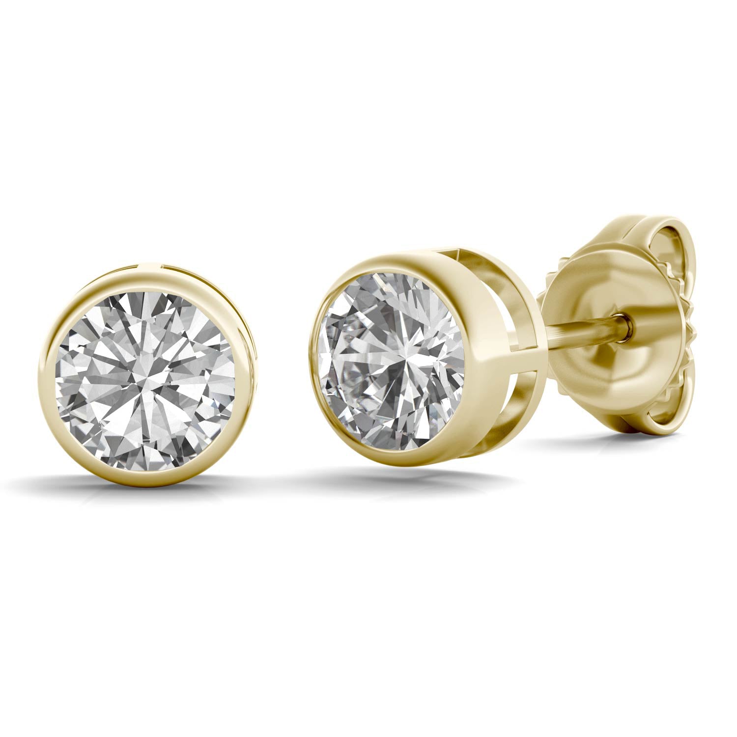 1 CTW DEW Round Moissanite Bezel Earrings 14K Yellow Gold