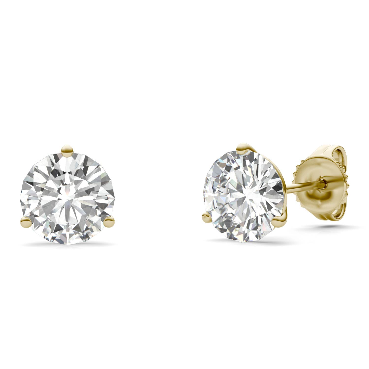 2 CTW DEW Round Moissanite Three-Prong Studs in 14K Yellow Gold
