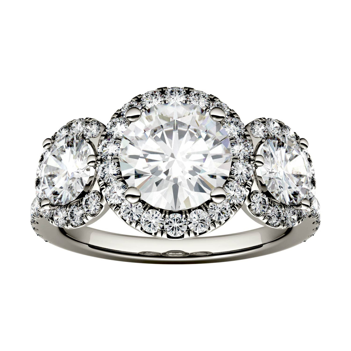 3.09 CTW DEW Round Moissanite Halo Three-Stone Ring in 14K White Gold