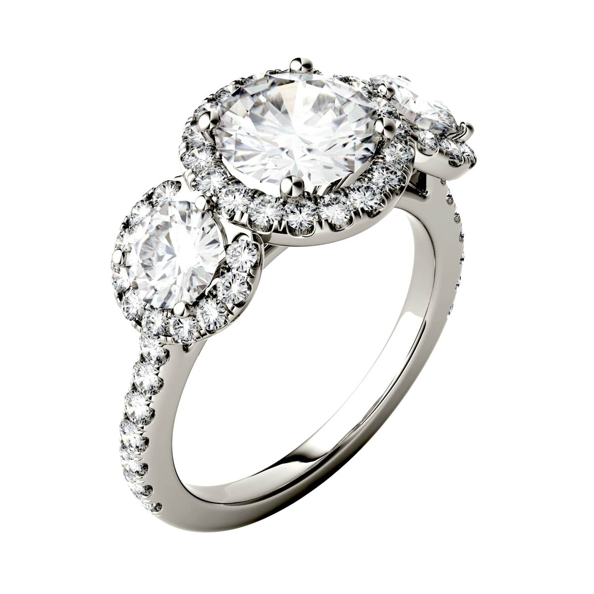 3.09 CTW DEW Round Moissanite Halo Three-Stone Ring in 14K White Gold