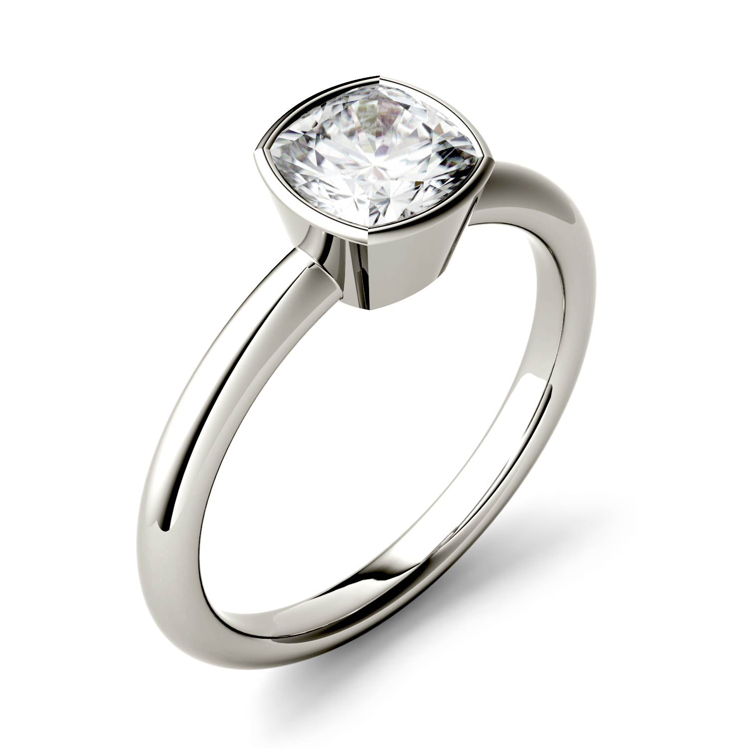 1.10 CTW DEW Cushion Moissanite Bezel Set Solitaire Engagement Ring in 14K White Gold