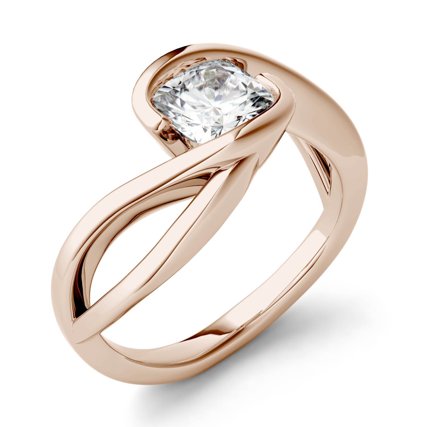 1.10 CTW DEW Cushion Moissanite Swirl Bypass Solitaire Engagement Ring in 14K Rose Gold