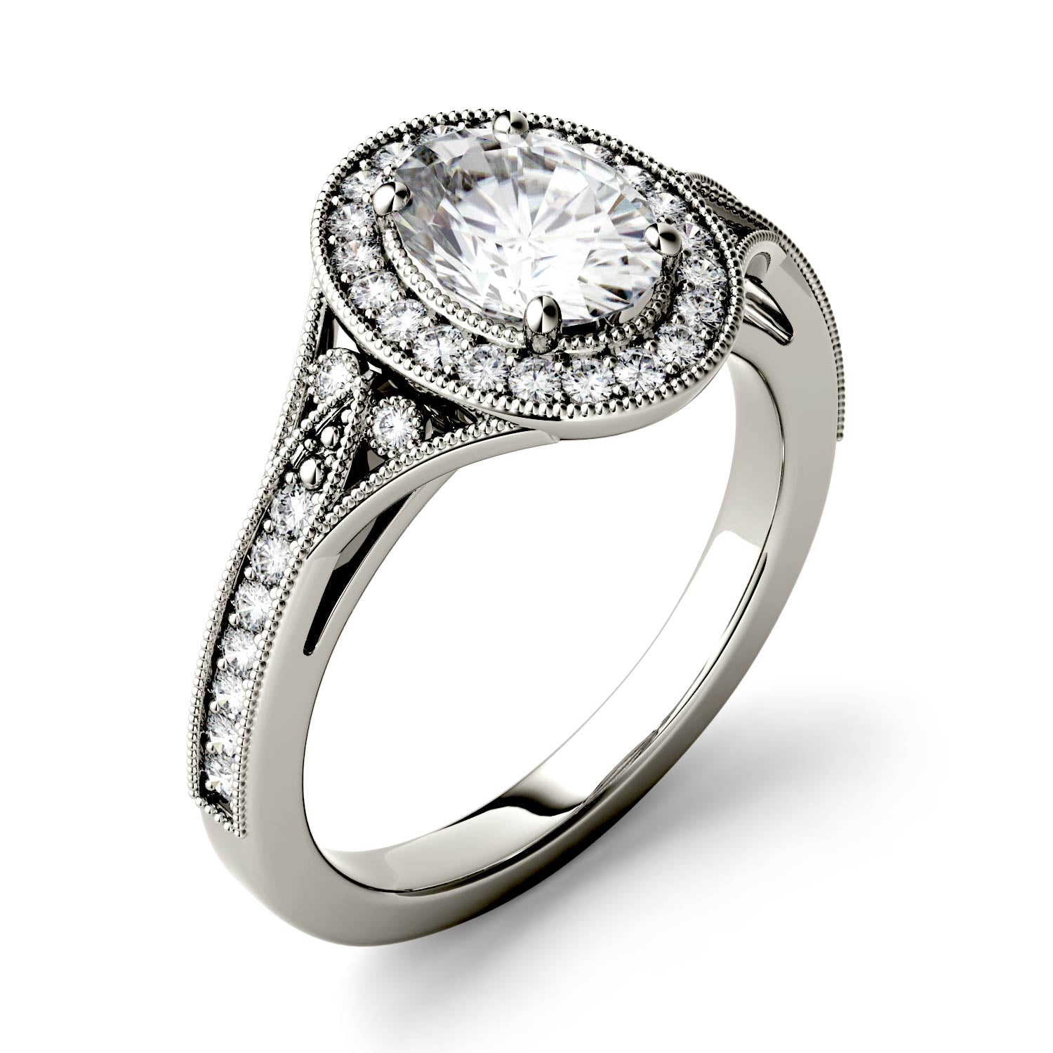 1.15 CTW DEW Oval Moissanite Milgrain Halo with Side Accents Engagement Ring in 14K White Gold