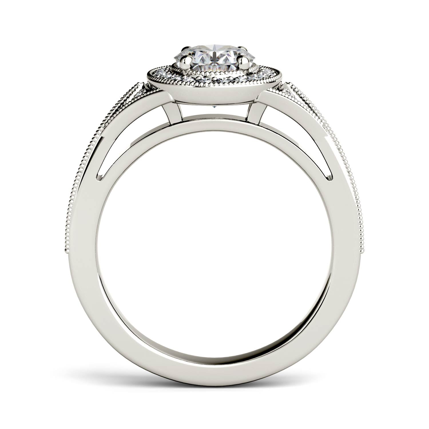 1.15 CTW DEW Oval Moissanite Milgrain Halo with Side Accents Engagement Ring in 14K White Gold