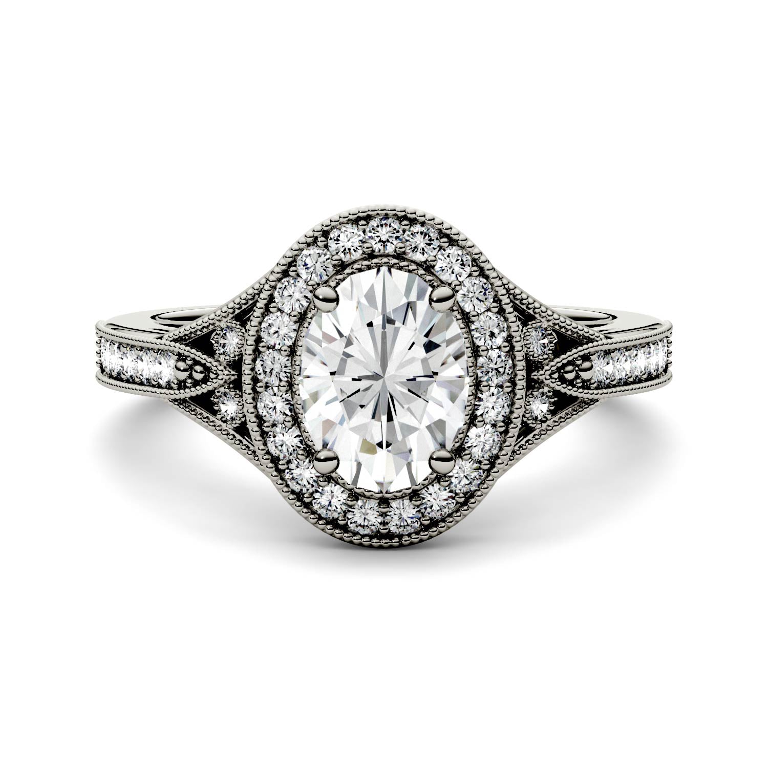 1.15 CTW DEW Oval Moissanite Milgrain Halo with Side Accents Engagement Ring in 14K White Gold