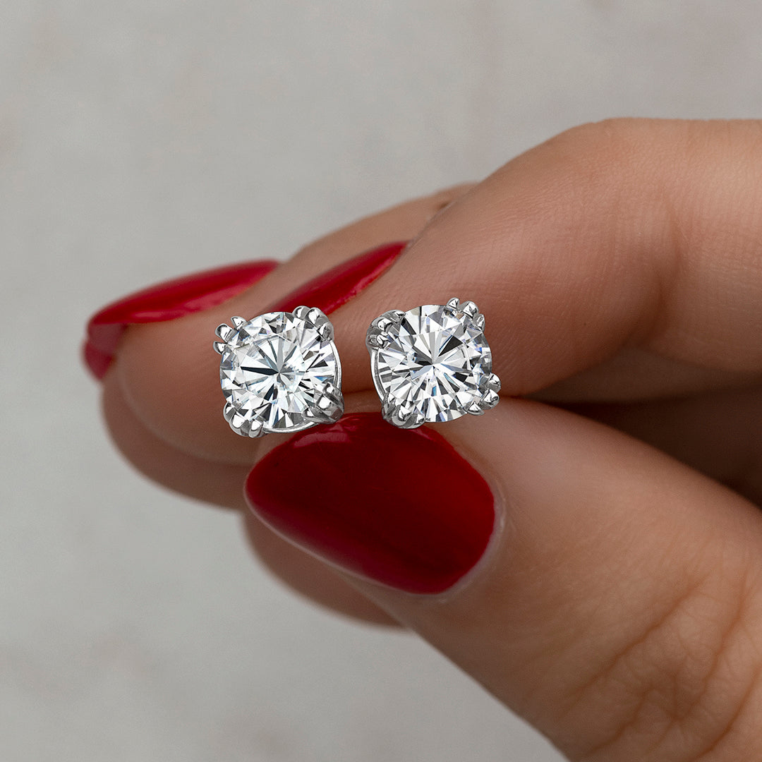 2.00 CTW DEW Round Moissanite Triple Prong Stud Earrings