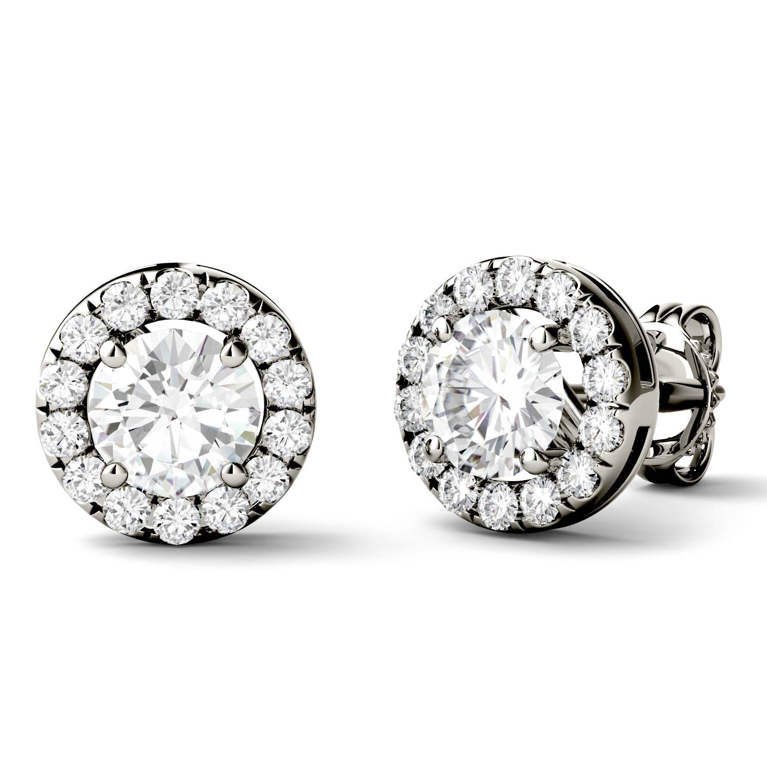 1.28 CTW DEW Round Moissanite Halo Studs in 14K White Gold