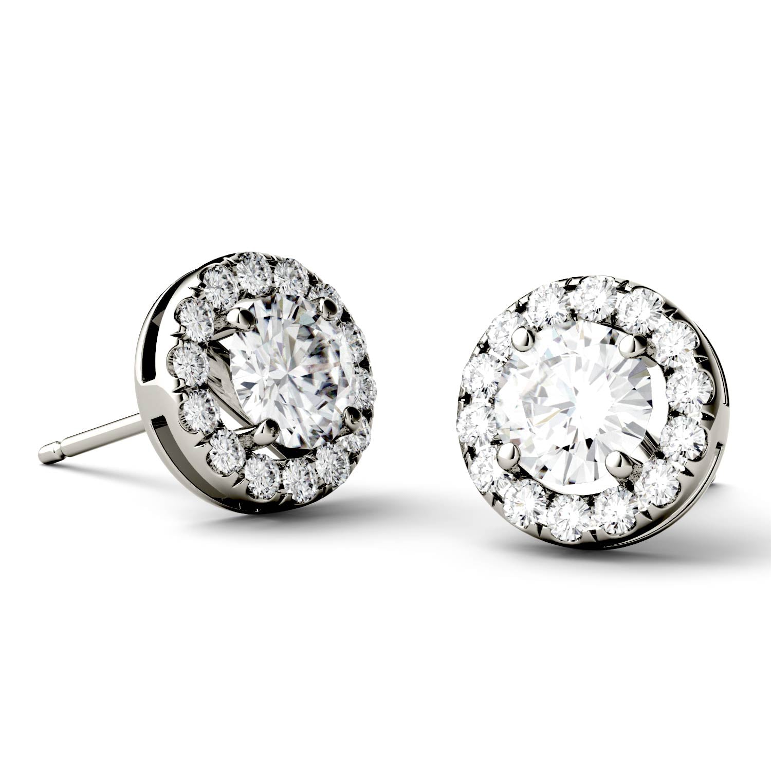 1.28 CTW DEW Round Moissanite Halo Studs in 14K White Gold