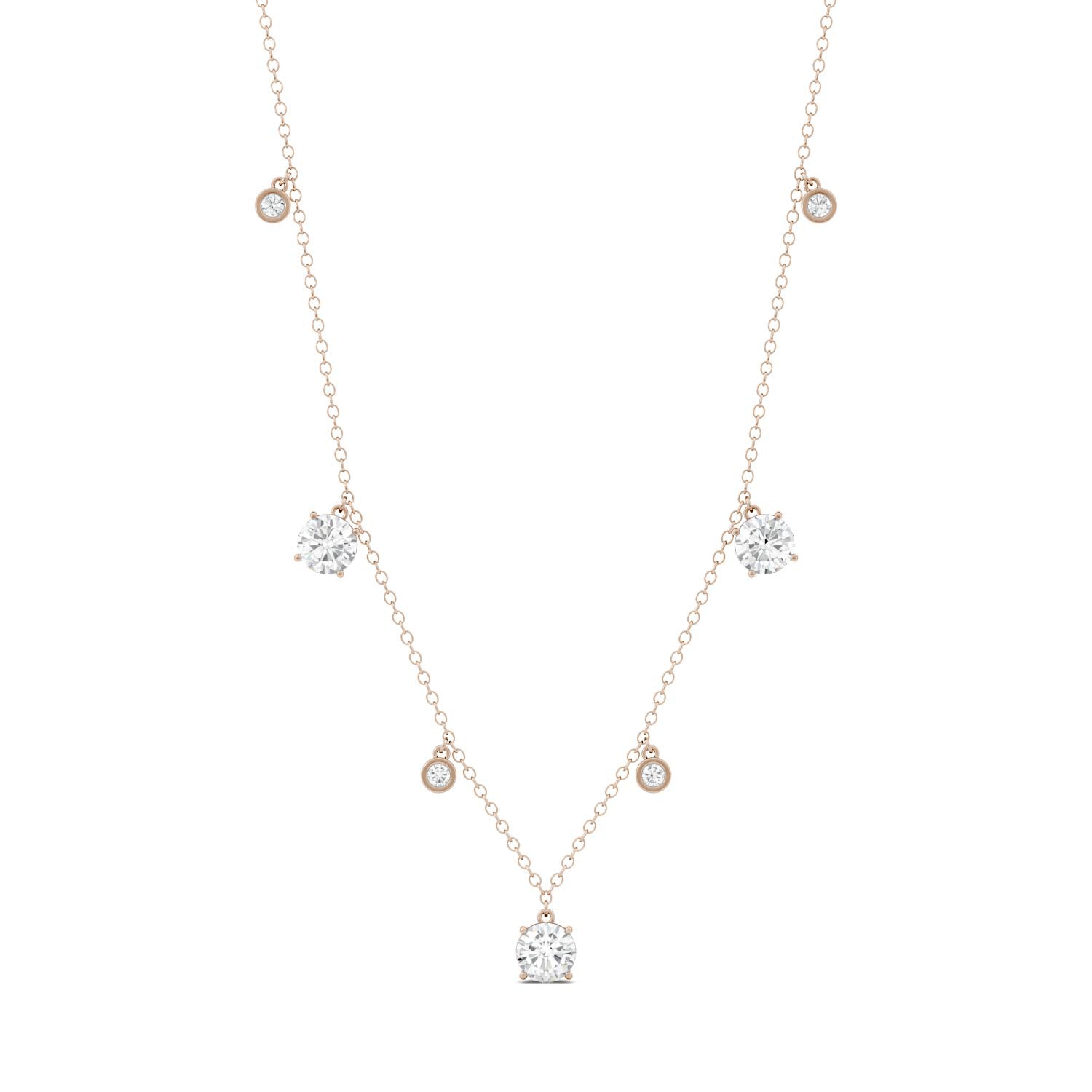 1.08 CTW DEW Round Moissanite Station Drop Necklace in 14K Rose Gold