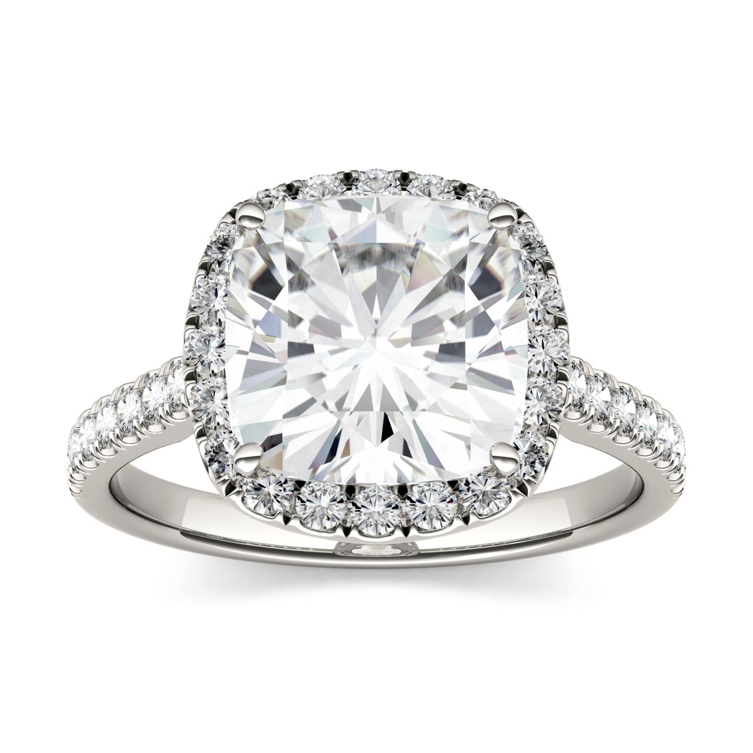 3.66 CTW DEW Cushion Moissanite Halo with Side-Stones Engagement Ring in Sterling Silver