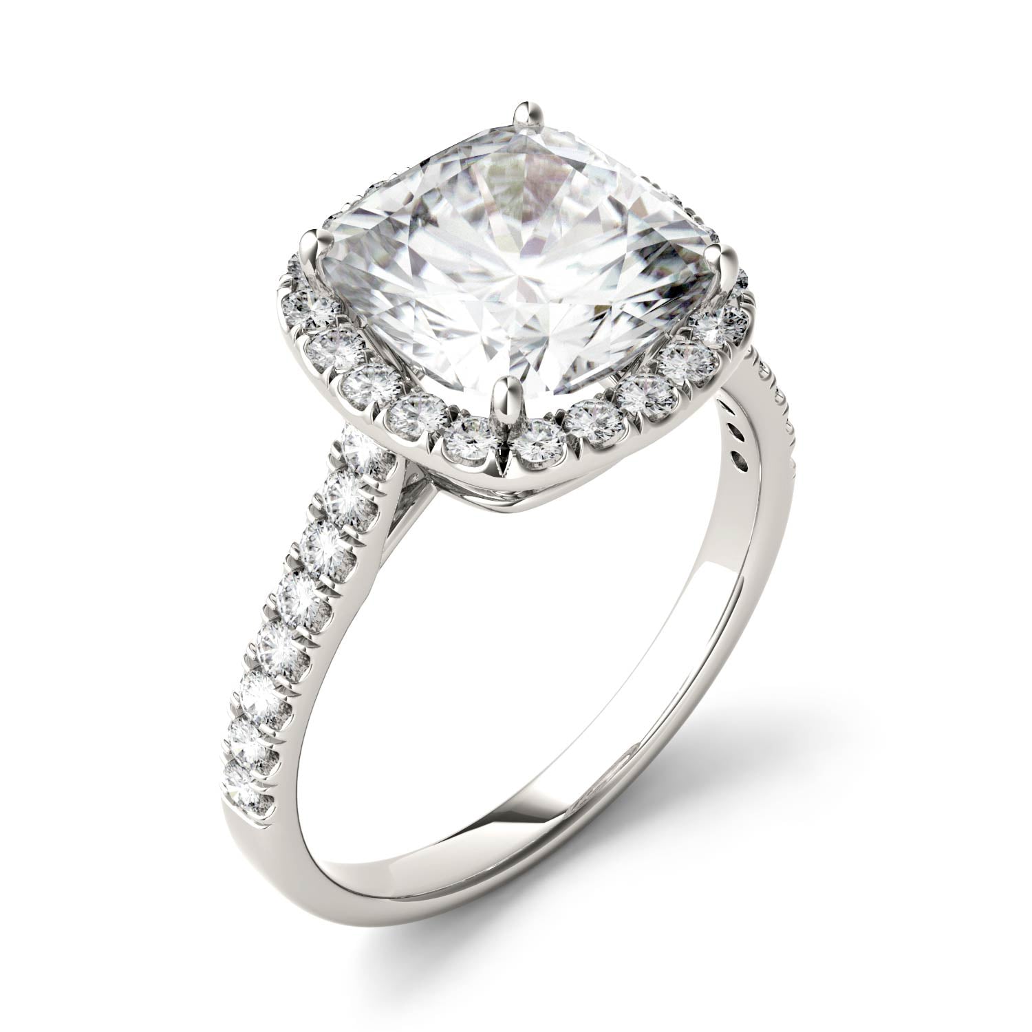 3.66 CTW DEW Cushion Moissanite Halo with Side-Stones Engagement Ring in Sterling Silver