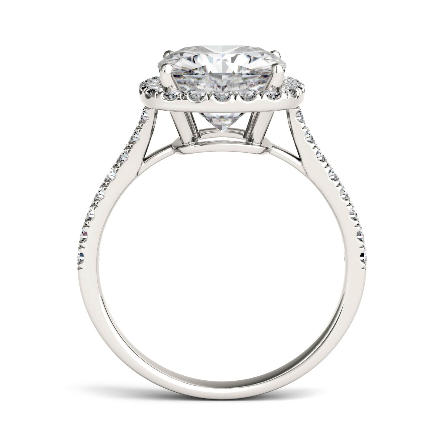 3.66 CTW DEW Cushion Moissanite Halo with Side-Stones Engagement Ring in Sterling Silver