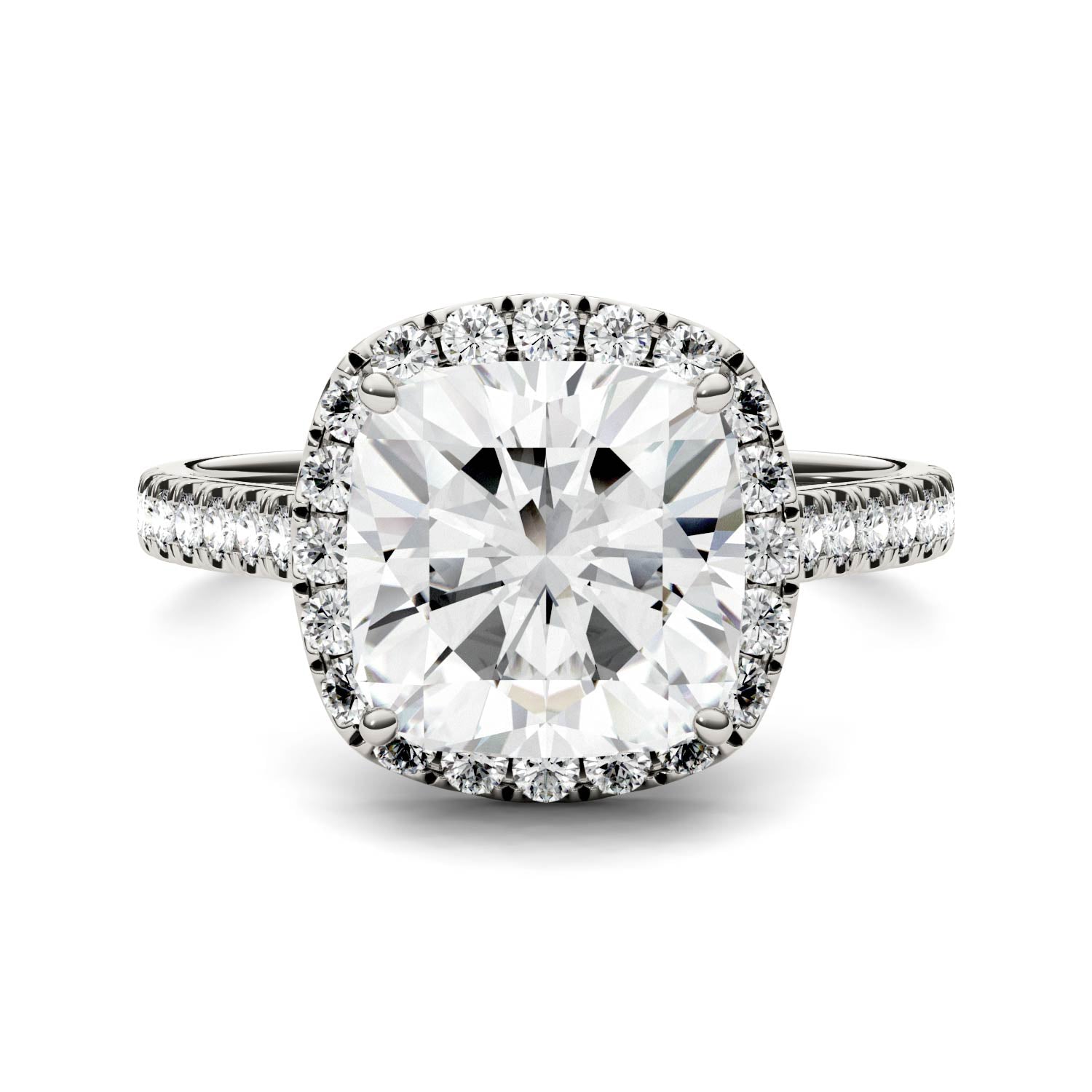 3.66 CTW DEW Cushion Moissanite Halo with Side-Stones Engagement Ring in Sterling Silver