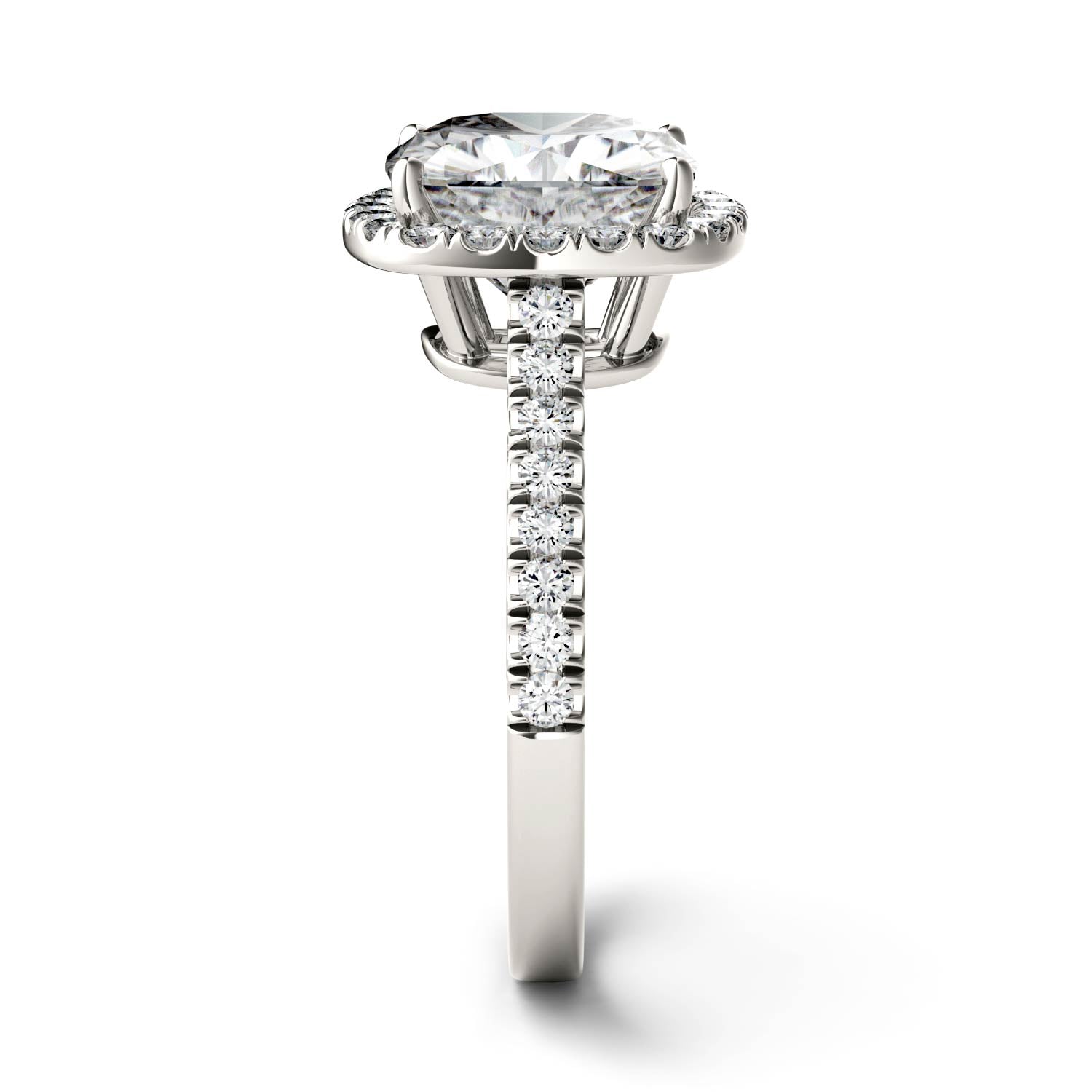 3.66 CTW DEW Cushion Moissanite Halo with Side-Stones Engagement Ring in Sterling Silver