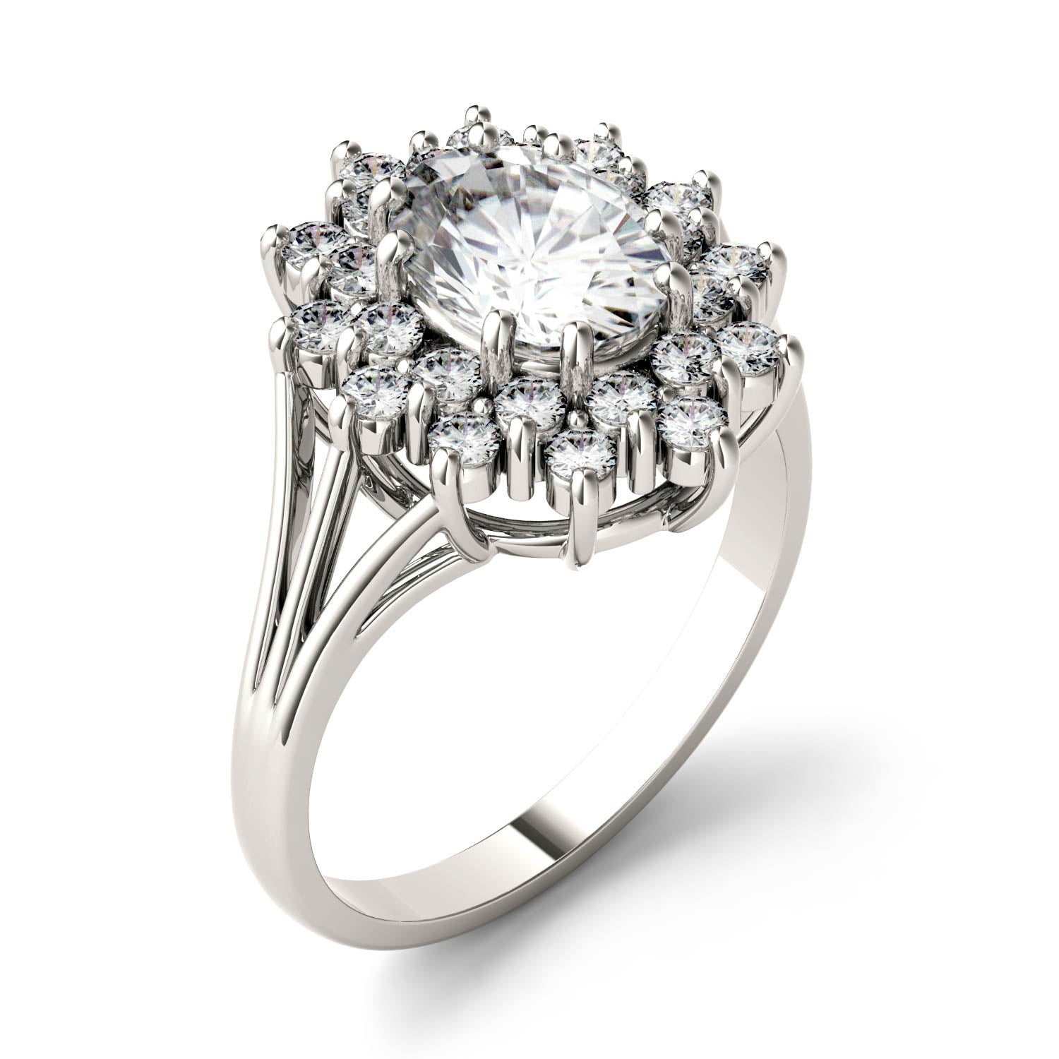 1.98 CTW DEW Oval Moissanite Floral Halo Ring in 14K White Gold