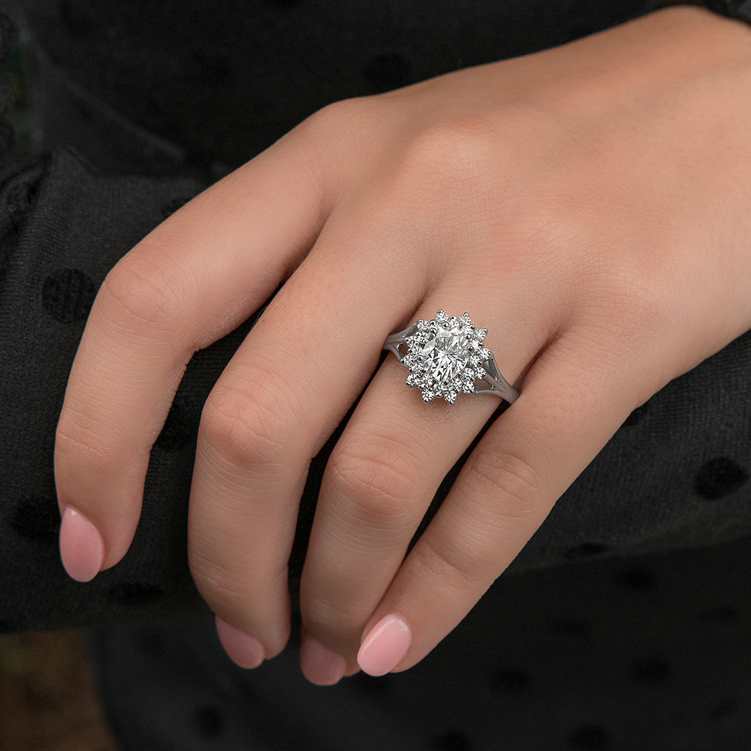 1.98 CTW DEW Oval Moissanite Floral Halo Ring in 14K White Gold