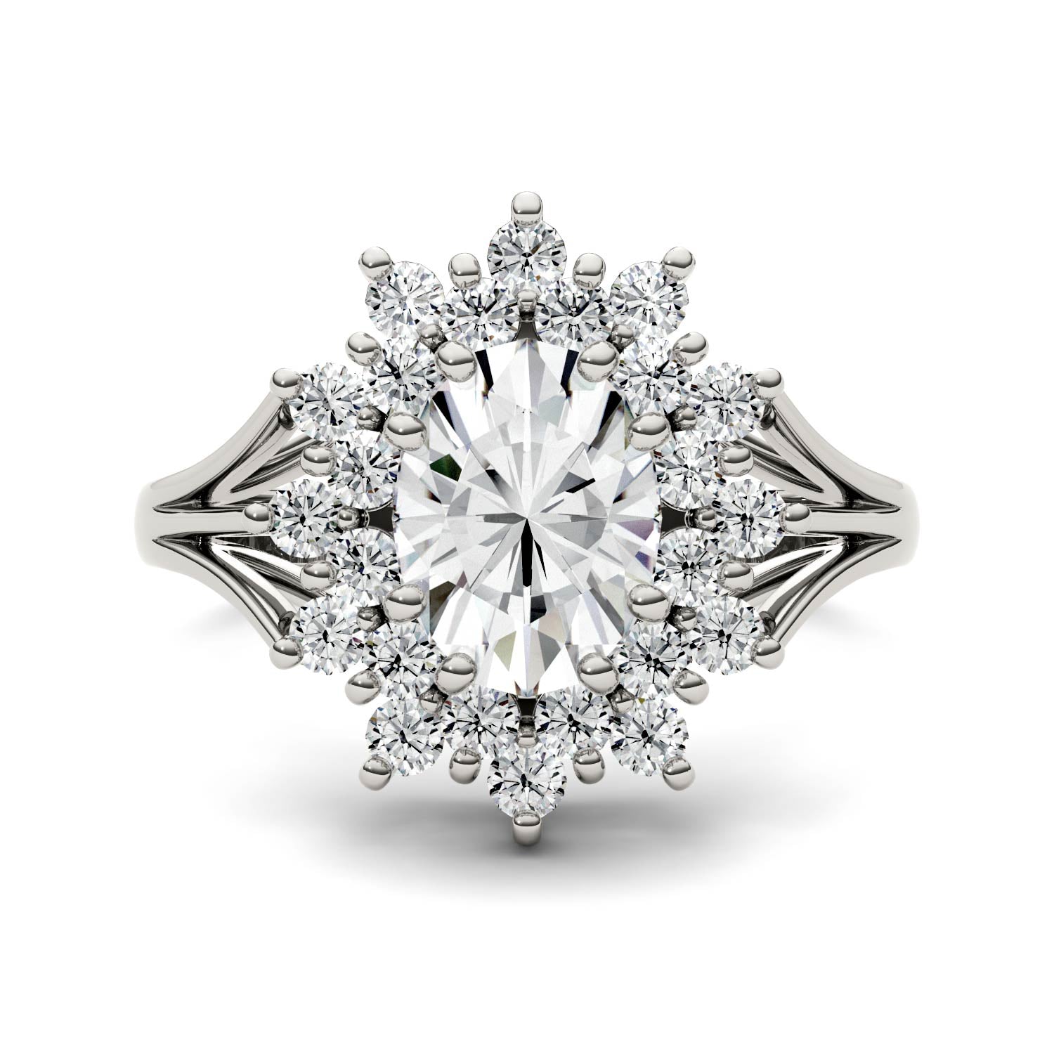 1.98 CTW DEW Oval Moissanite Floral Halo Ring in 14K White Gold