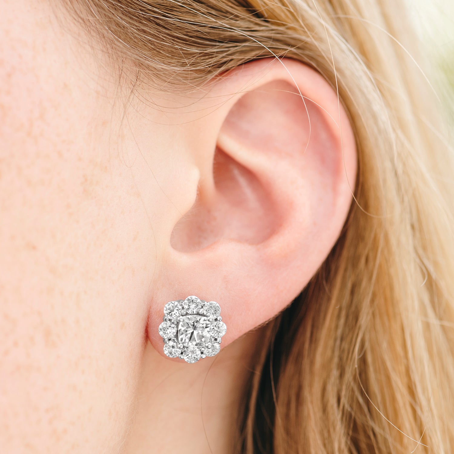3.20 CTW DEW Cushion Halo Floral Stud in 14K White Gold