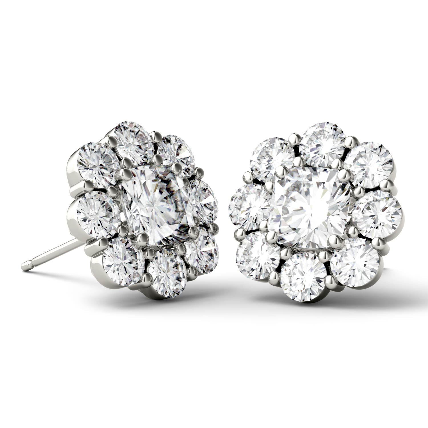 3.20 CTW DEW Cushion Halo Floral Stud in 14K White Gold