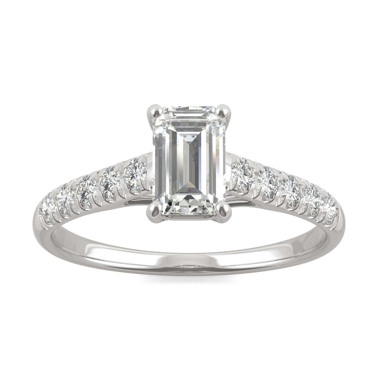1.24 CTW DEW Emerald Moissanite Side-Stone Engagement Ring in 14K White Gold