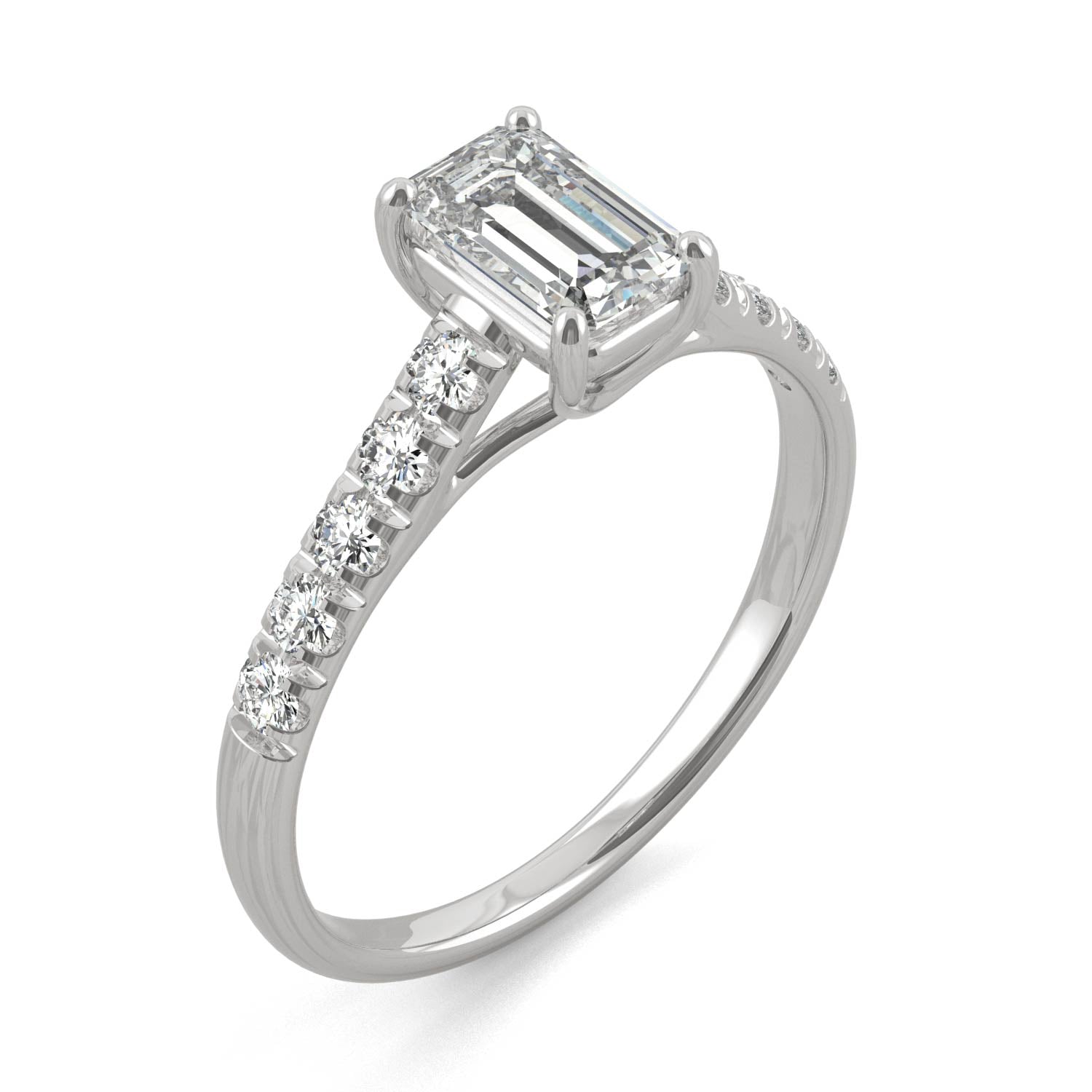 1.24 CTW DEW Emerald Moissanite Side-Stone Engagement Ring in 14K White Gold