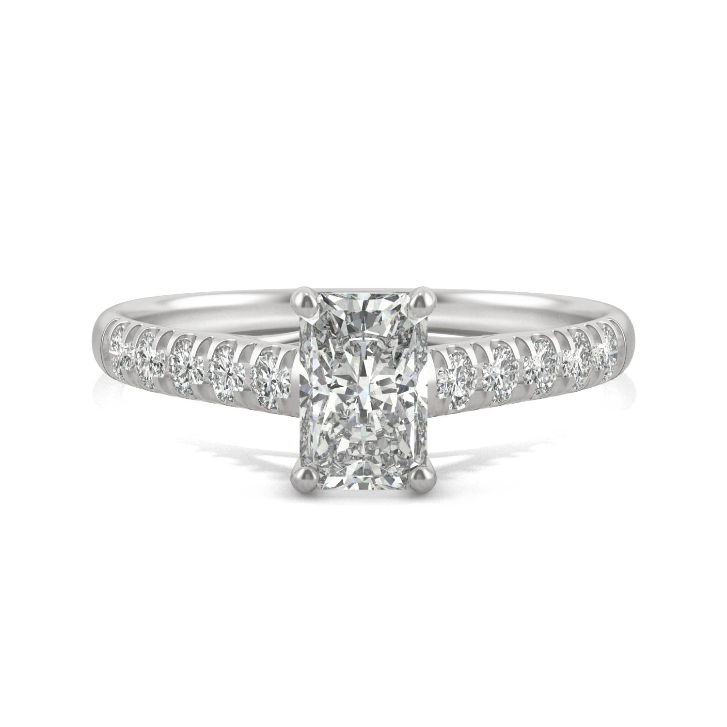 1.43 CTW DEW Radiant Moissanite Solitaire with Side Accents Engagement Ring in 14K White Gold
